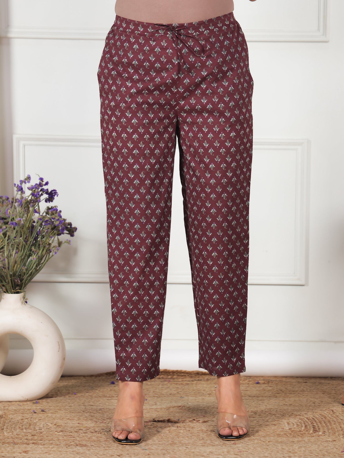 Soft Cotton Floral Maroon Tapered Trousers