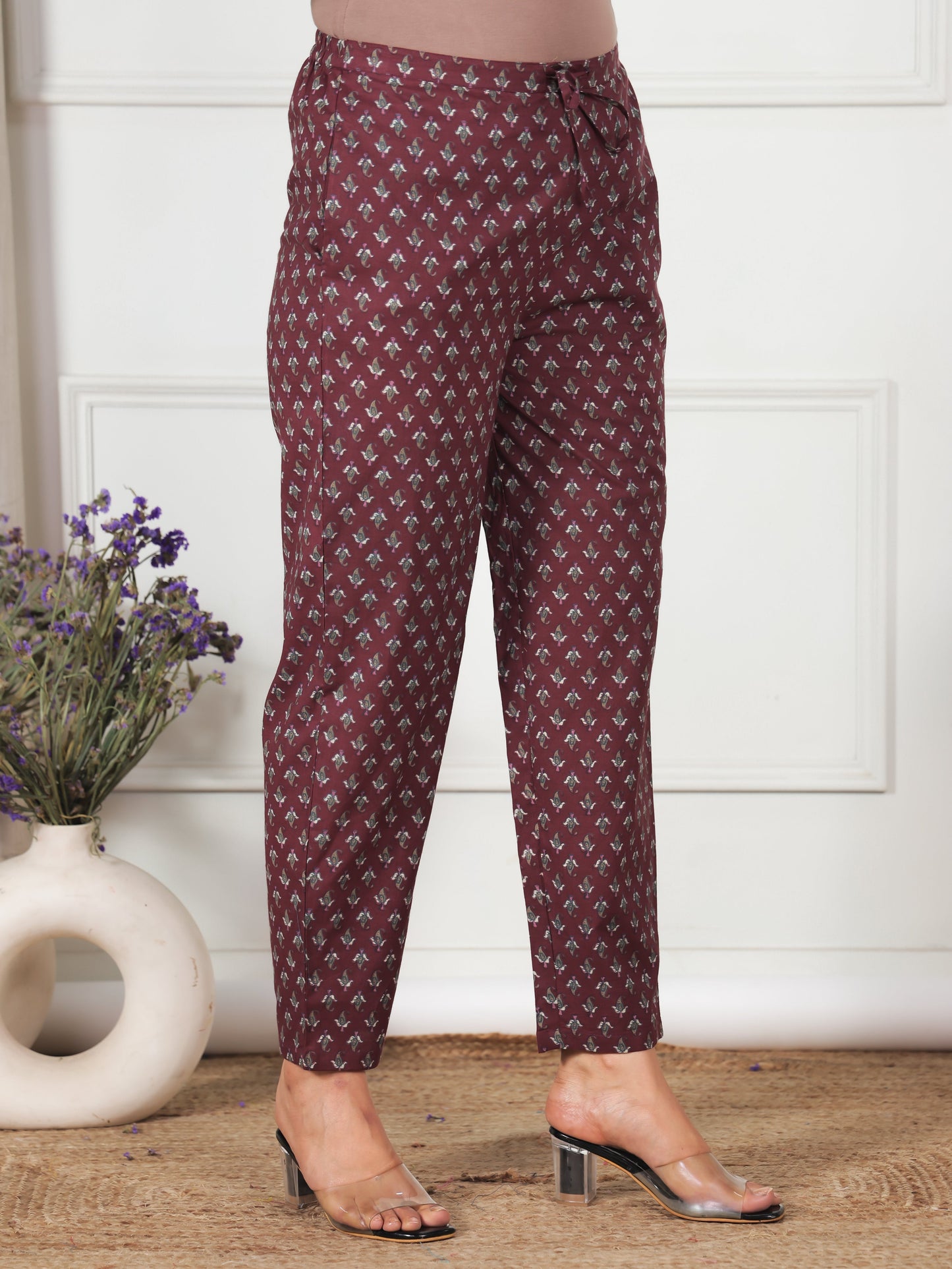 Soft Cotton Floral Maroon Tapered Trousers
