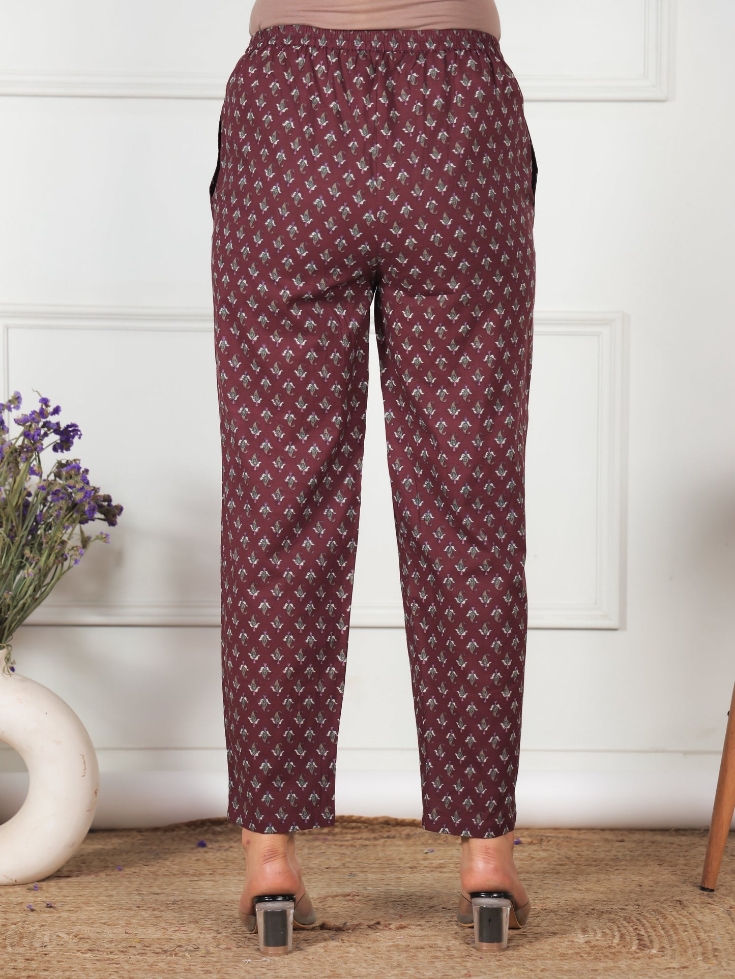 Soft Cotton Floral Maroon Tapered Trousers