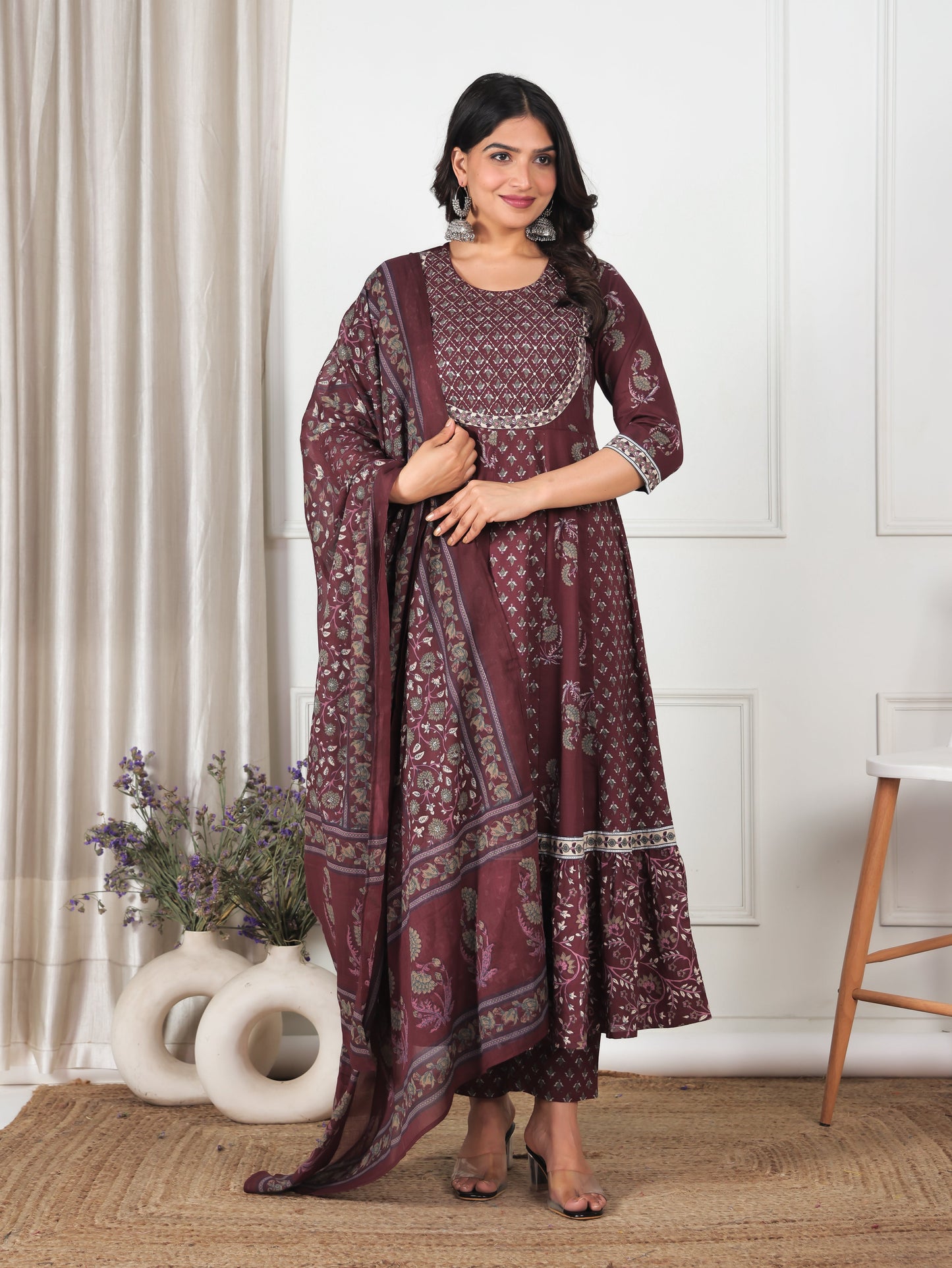 Cotton Voile Floral Maroon Dupatta