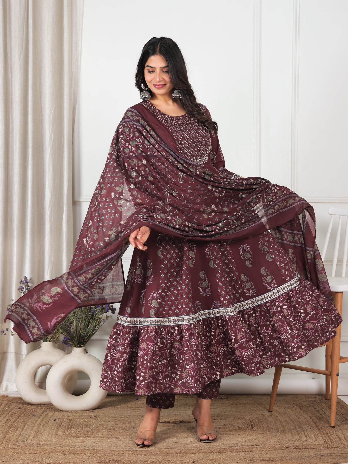 Cotton Voile Floral Maroon Dupatta