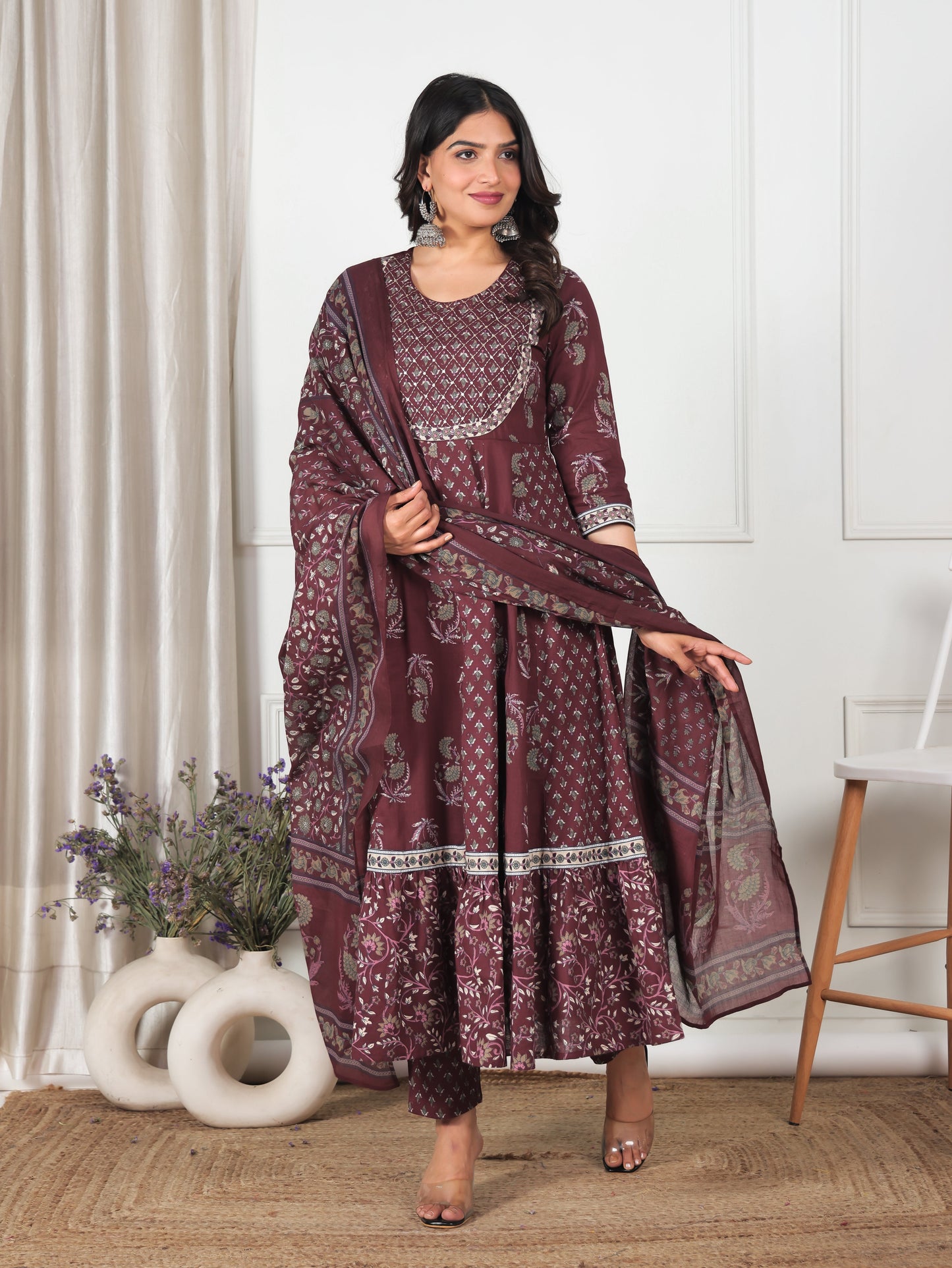 Embroidered Soft Cotton Floral Anarkali Maroon Kurta