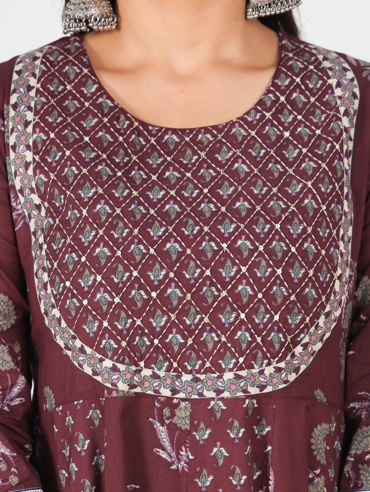 Embroidered Soft Cotton Floral Anarkali Maroon Kurta