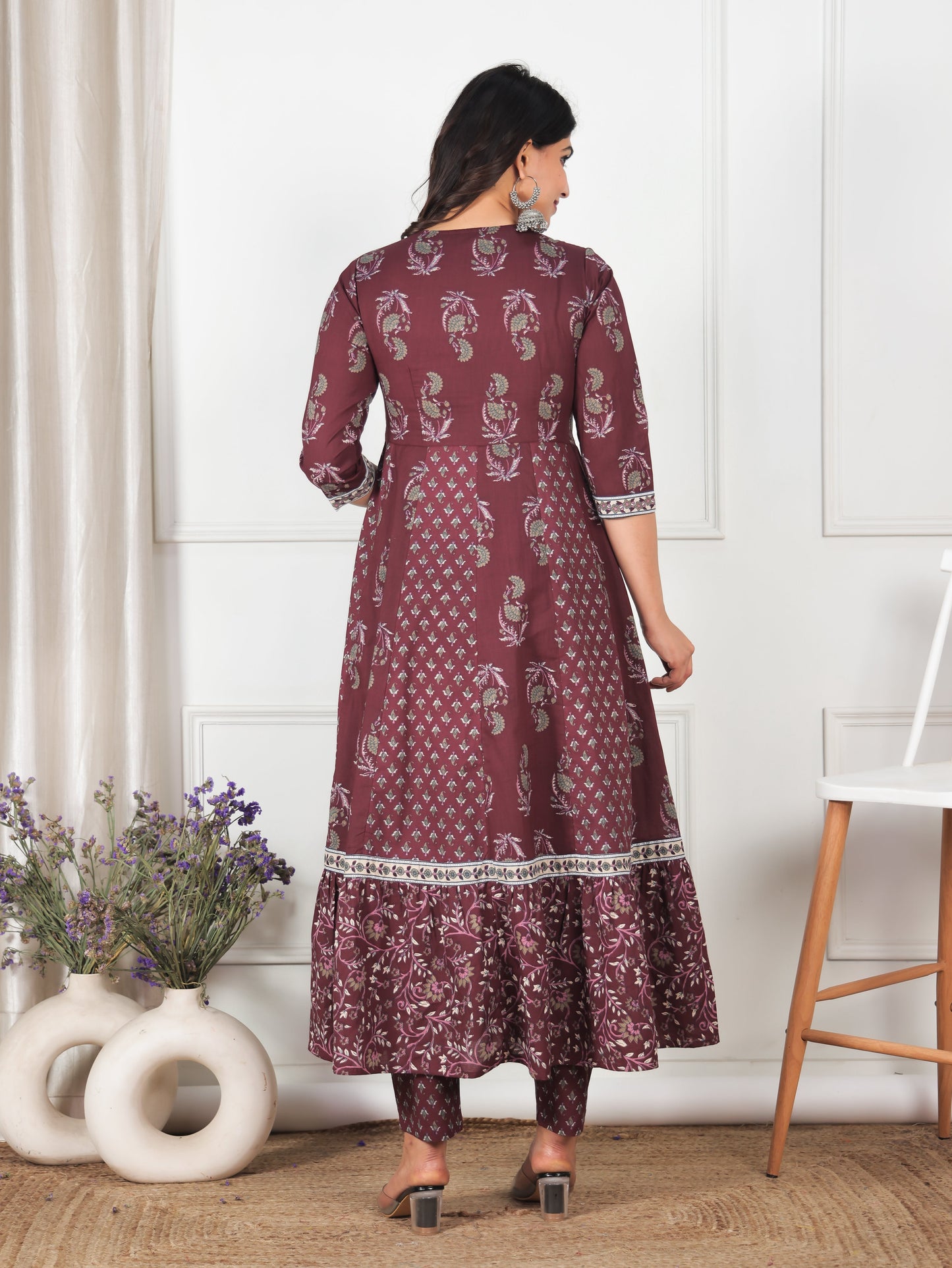 Embroidered Soft Cotton Floral Anarkali Maroon Kurta