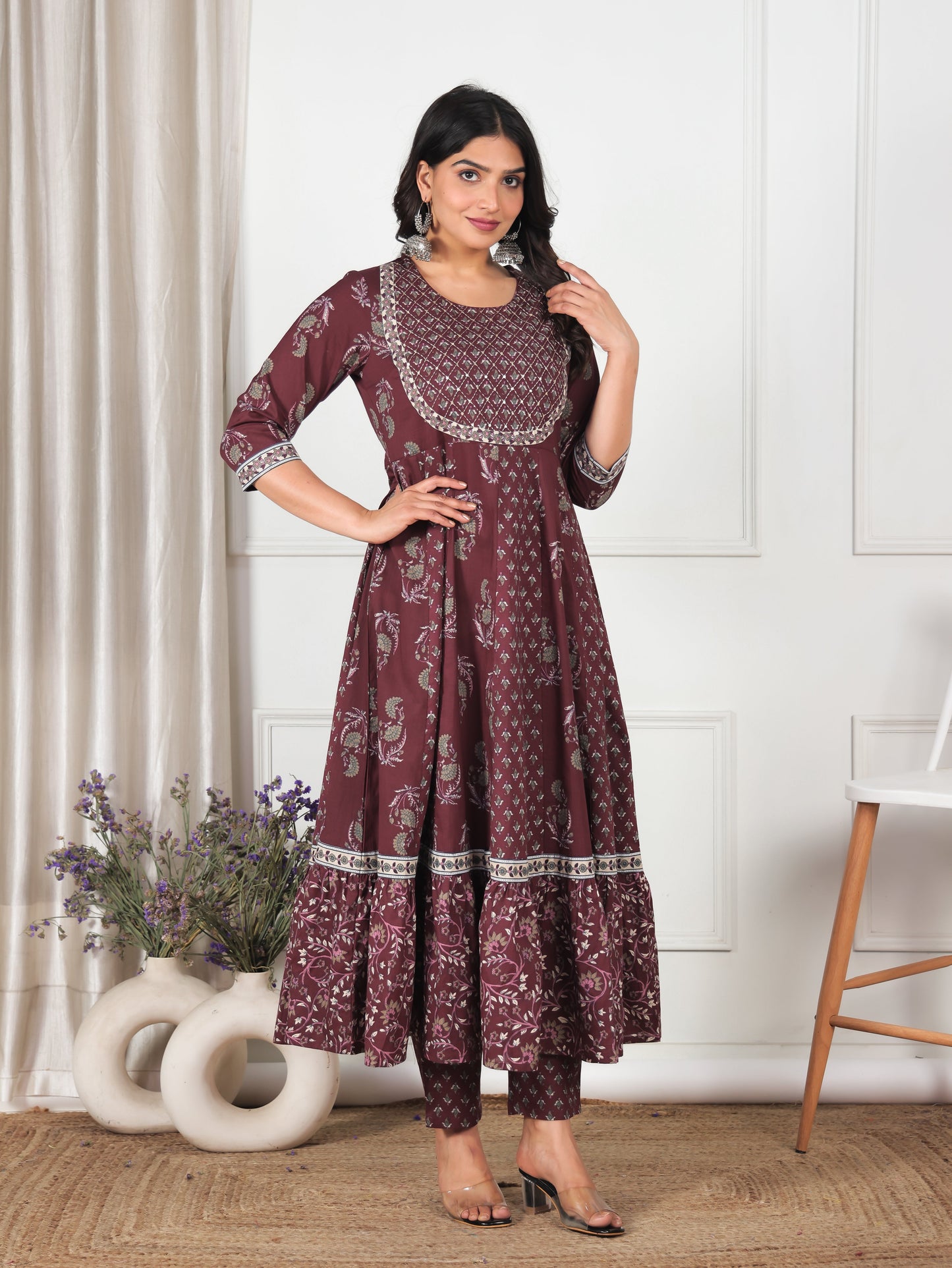 Embroidered Soft Cotton Floral Anarkali Maroon Kurta