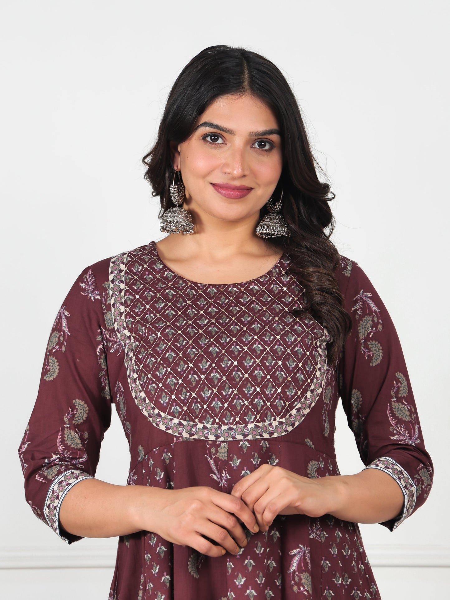 Embroidered Soft Cotton Floral Anarkali Maroon Kurta