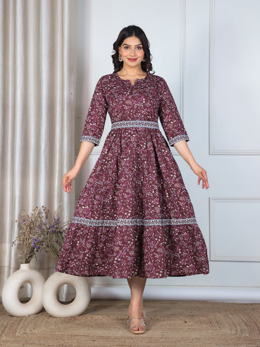 Soft Cotton Floral Anarkali Wine Dress