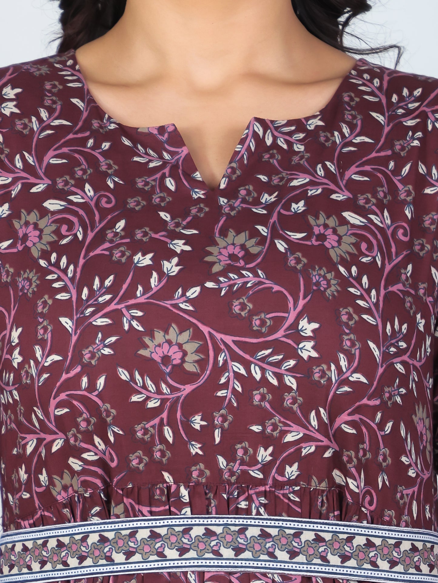 Soft Cotton Floral Anarkali Wine Dress