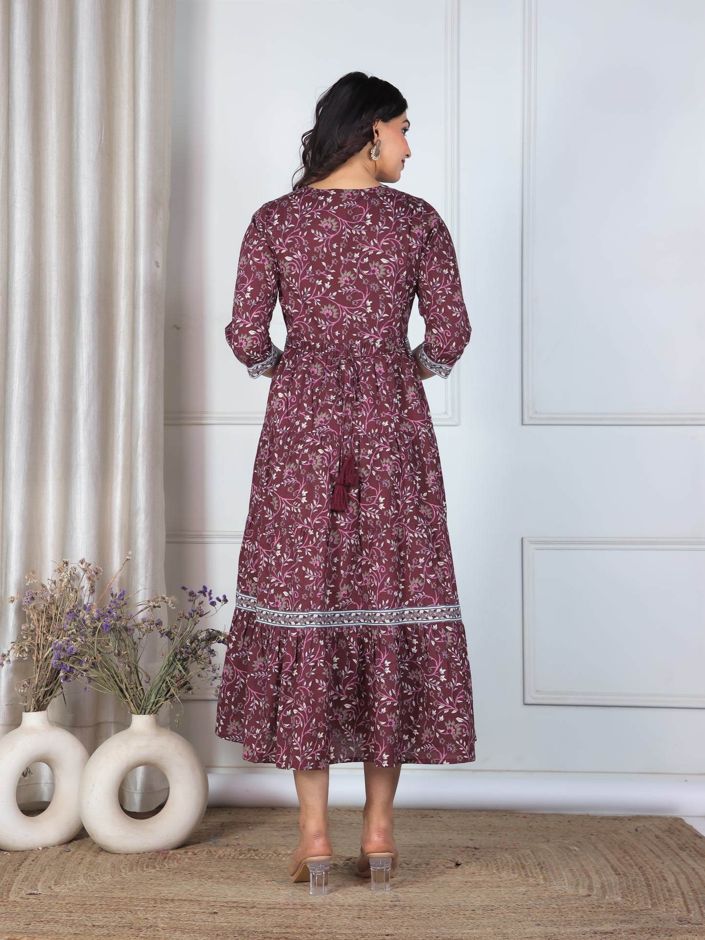 Soft Cotton Floral Anarkali Wine Dress