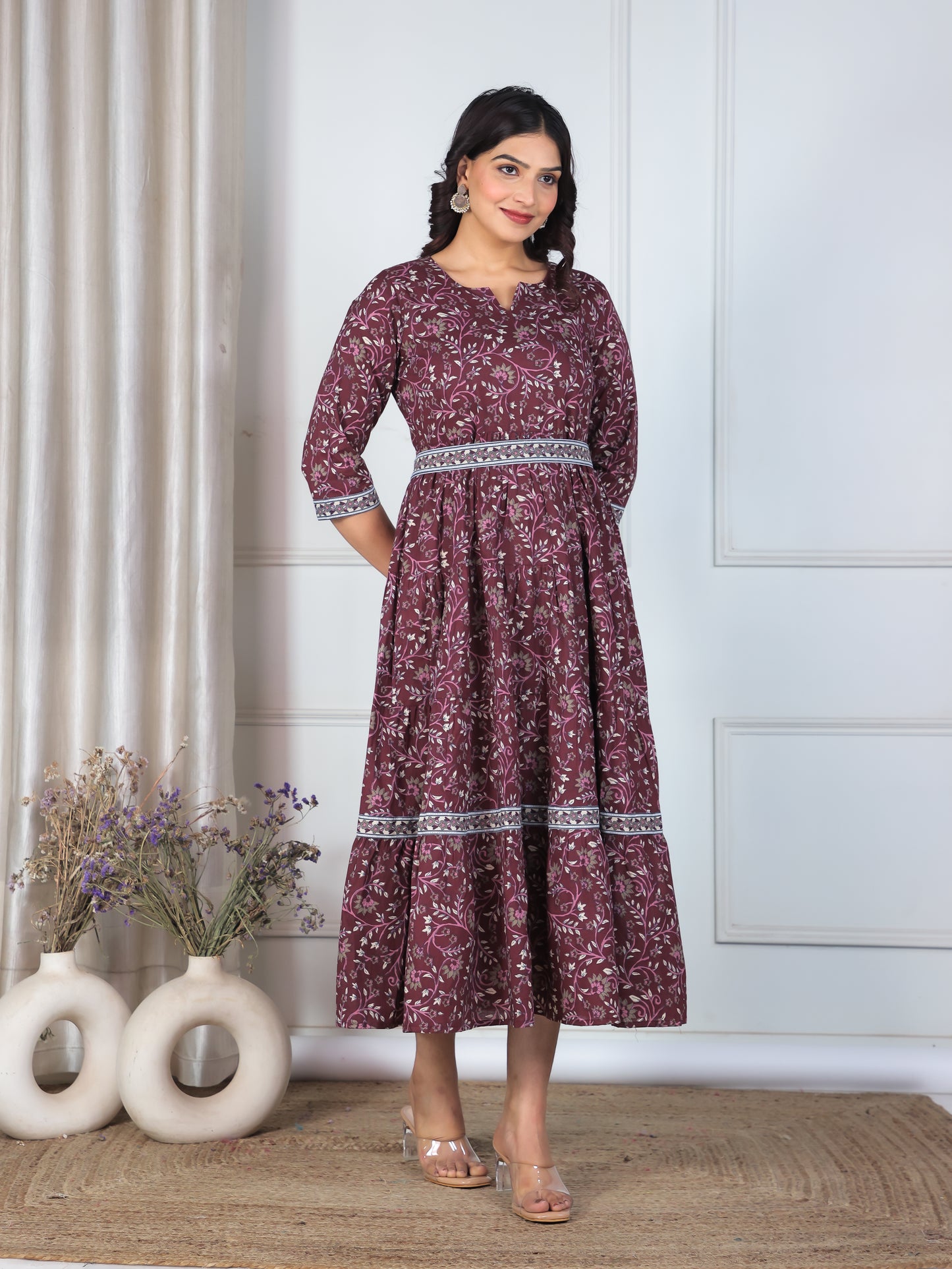 Soft Cotton Floral Anarkali Wine Dress