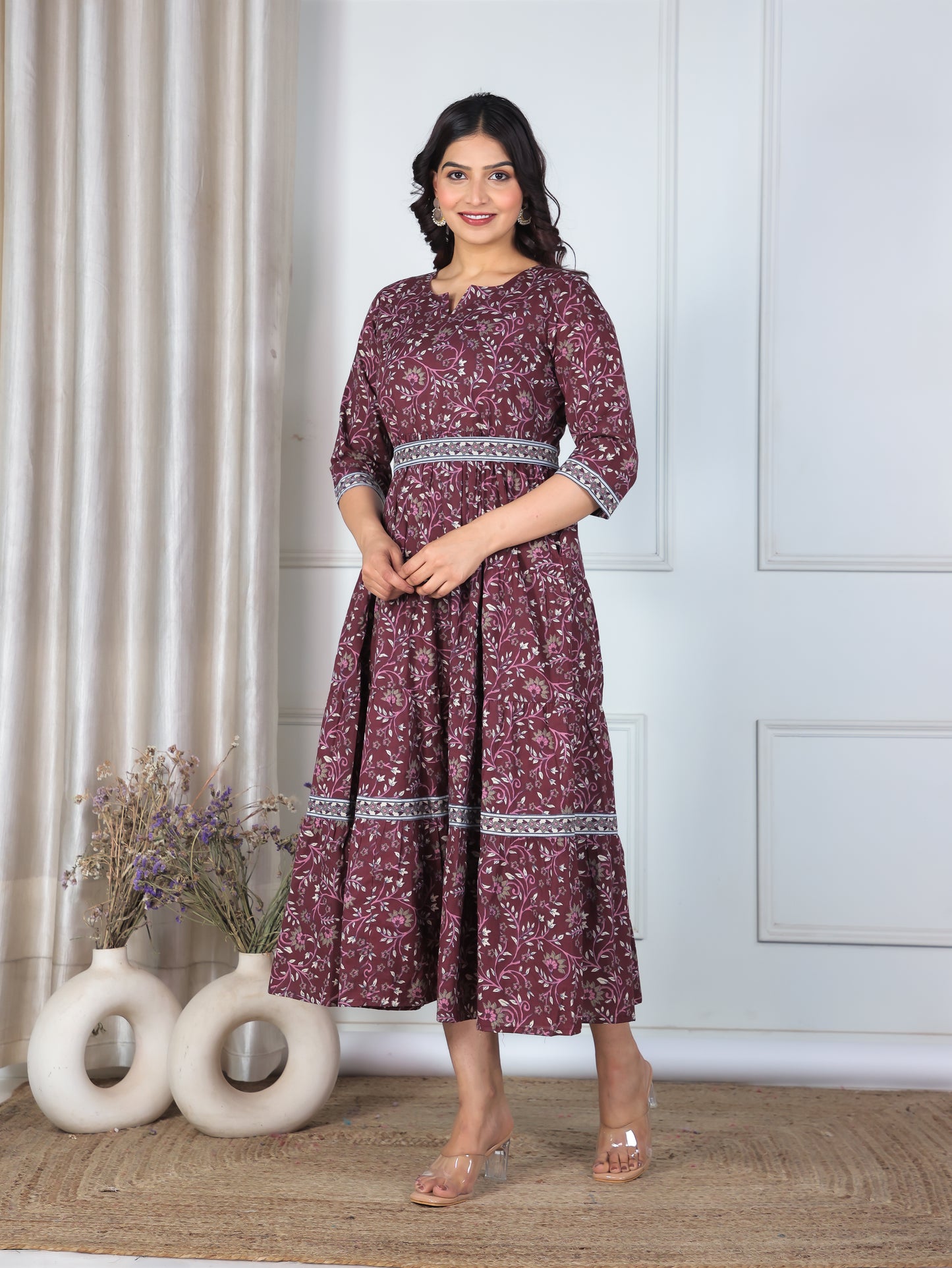 Soft Cotton Floral Anarkali Wine Dress