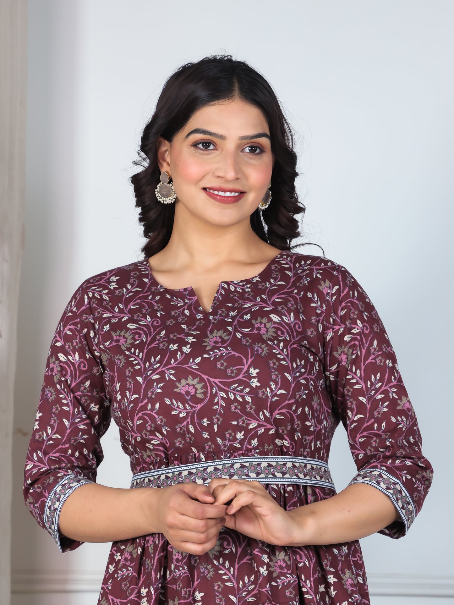 Soft Cotton Floral Anarkali Wine Dress