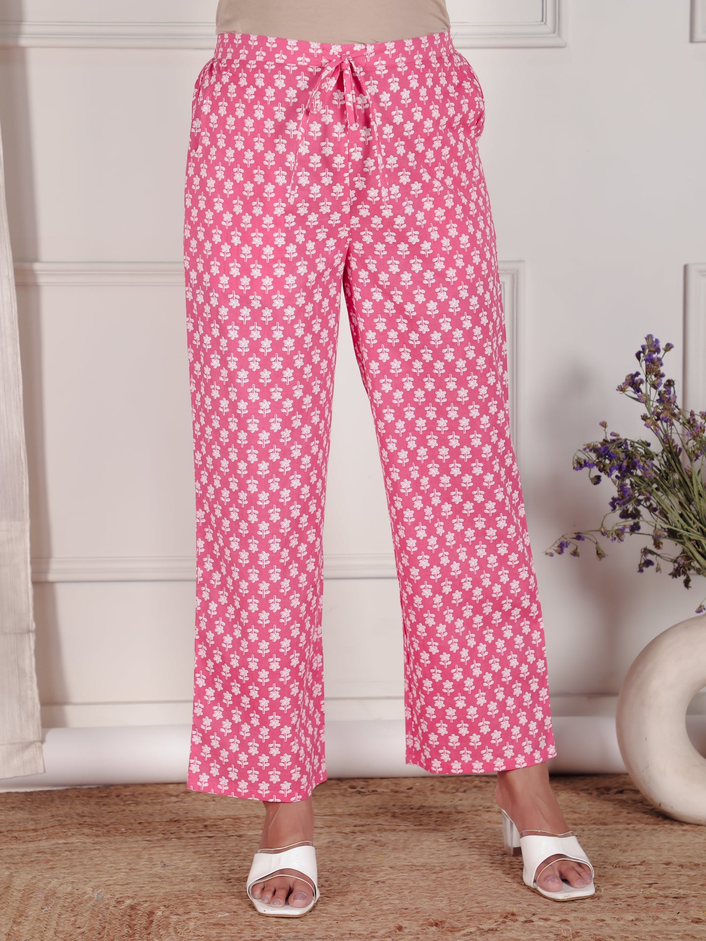 Soft Cotton Floral Pink Straight Trousers