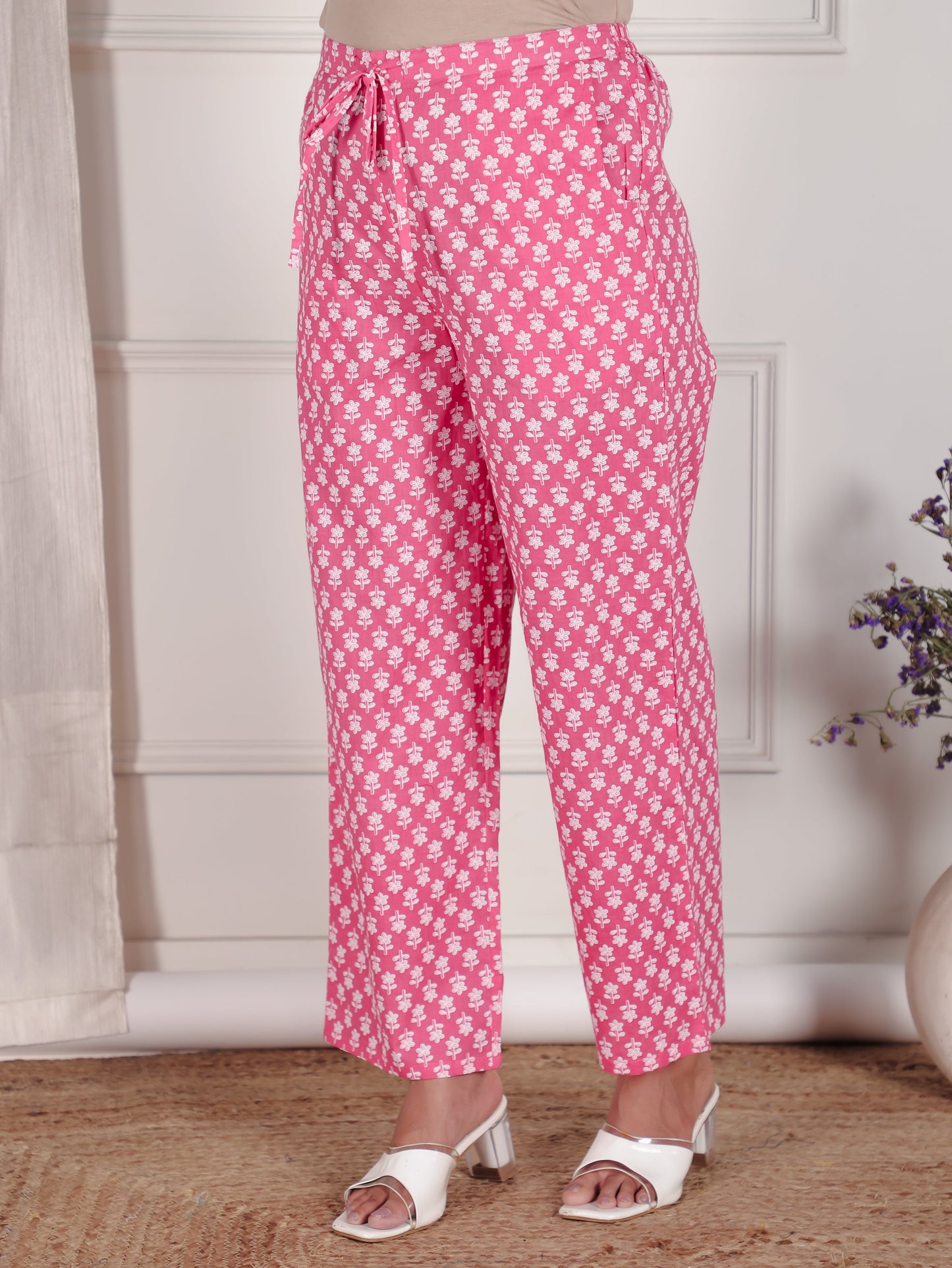 Soft Cotton Floral Pink Straight Trousers
