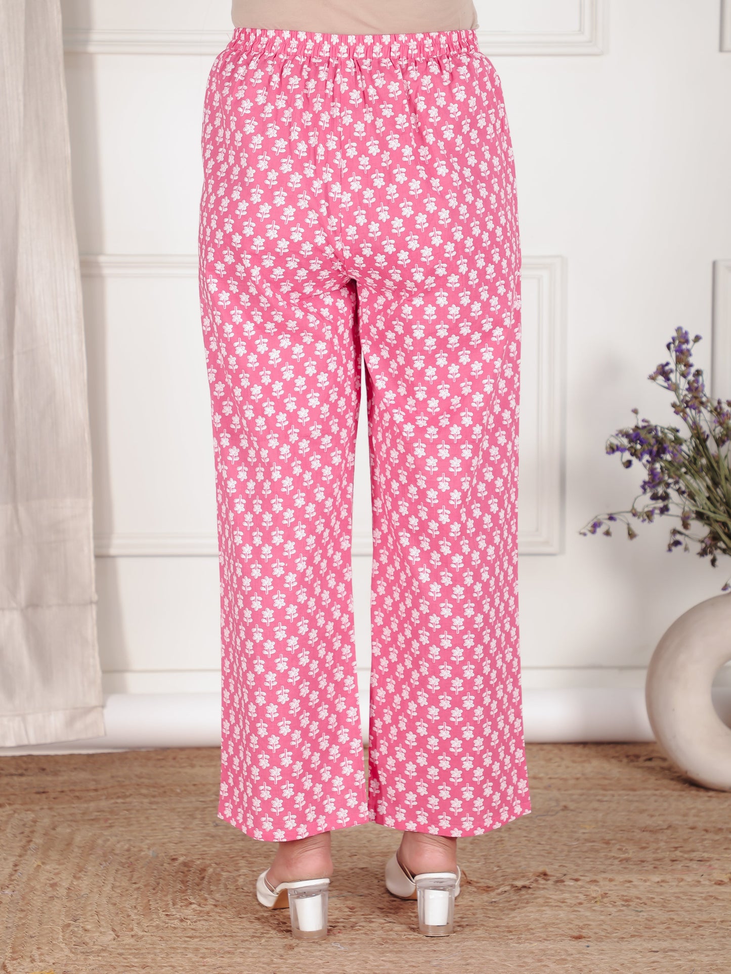 Soft Cotton Floral Pink Straight Trousers