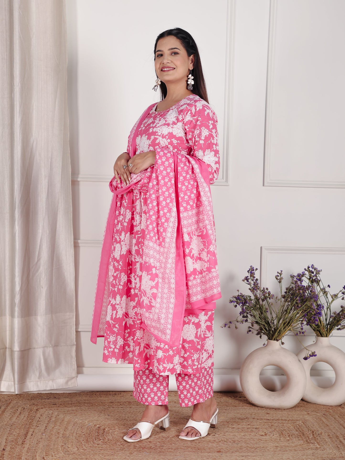 Soft Cotton Floral A-line Pink Kurta