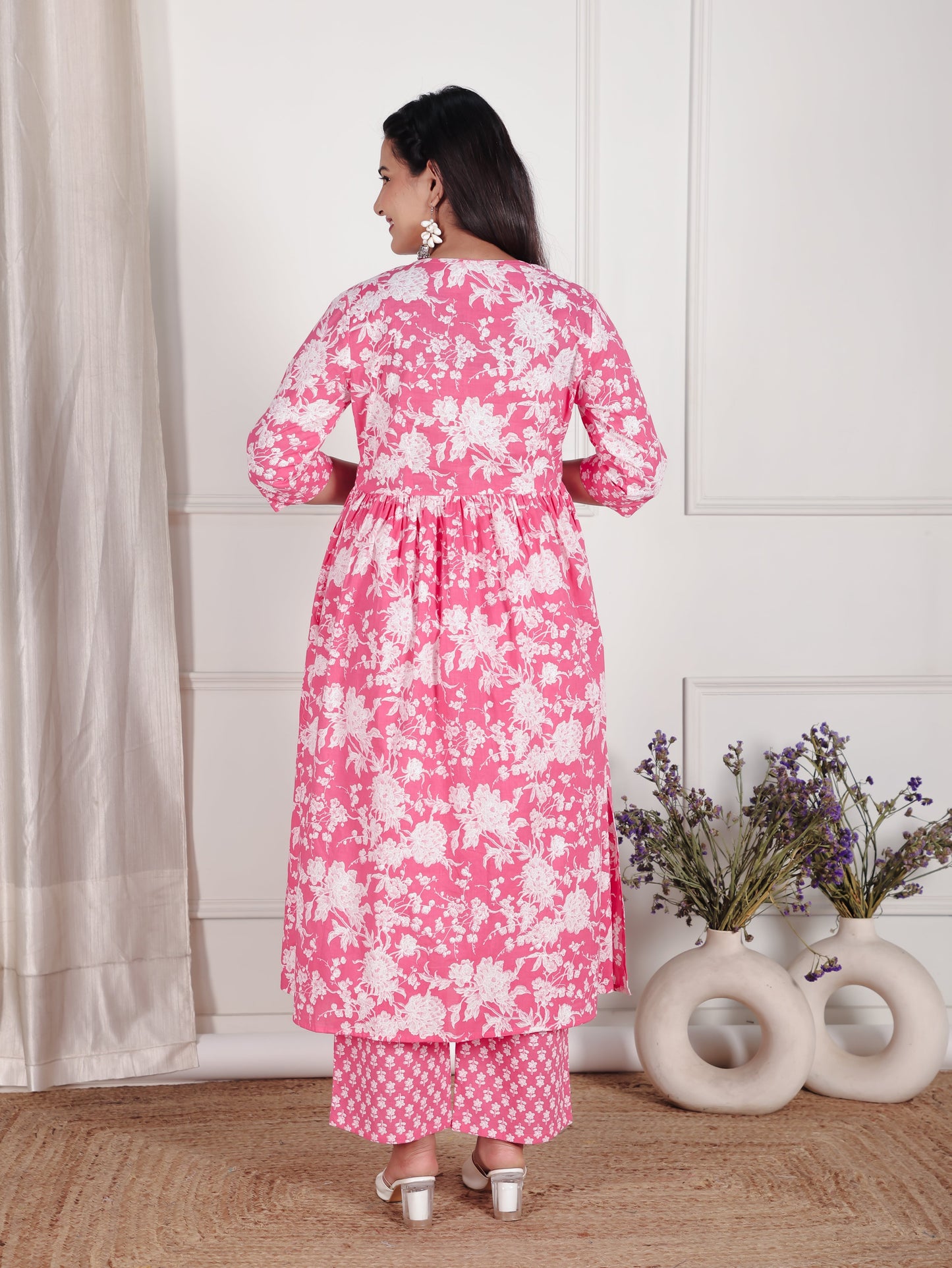 Soft Cotton Floral A-line Pink Kurta