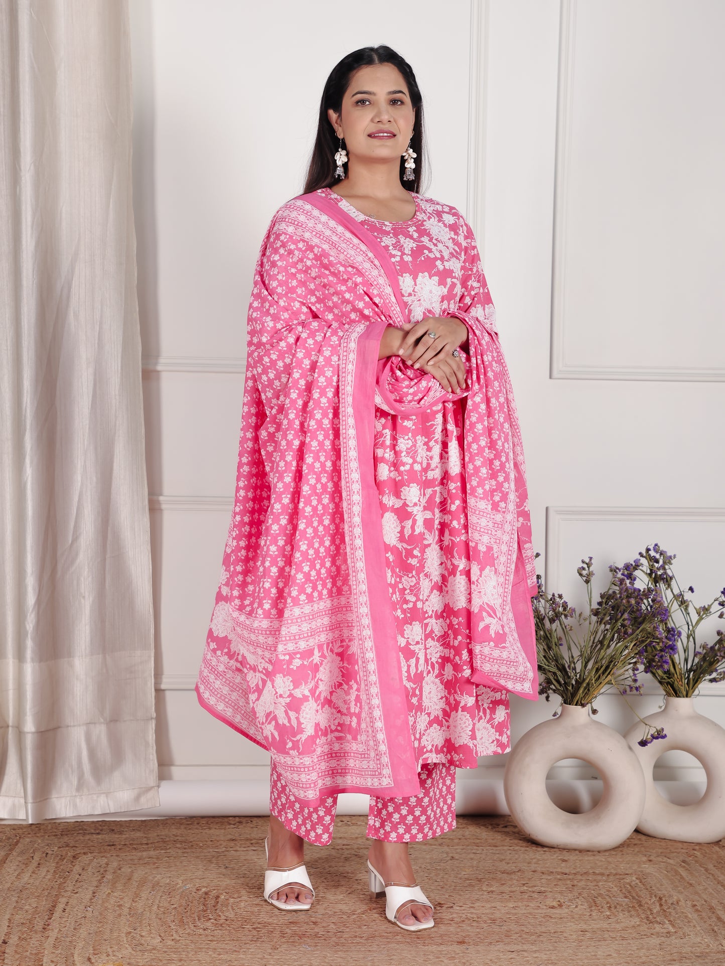 Soft Cotton Floral A-line Pink Kurta