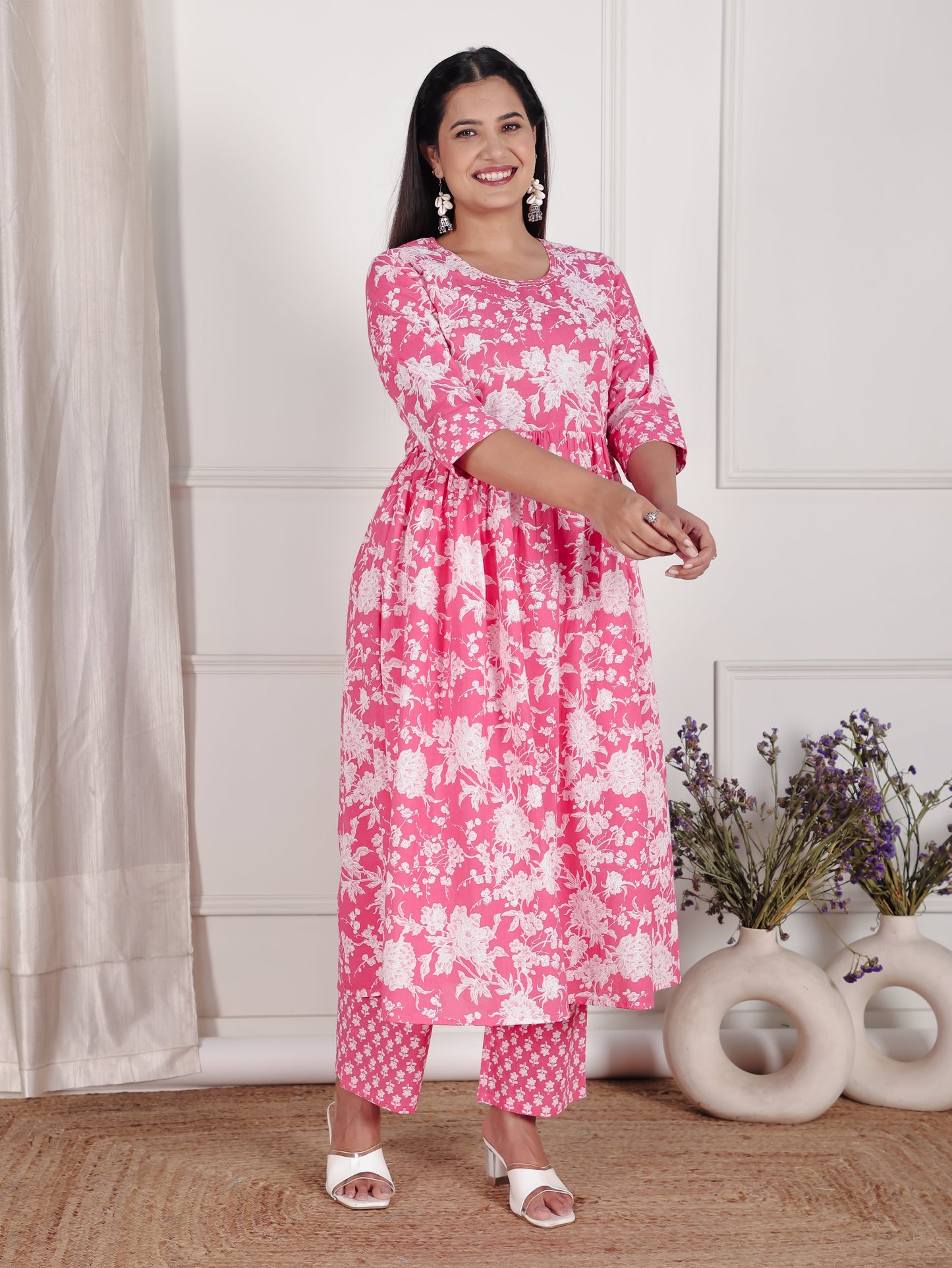 Soft Cotton Floral A-line Pink Kurta