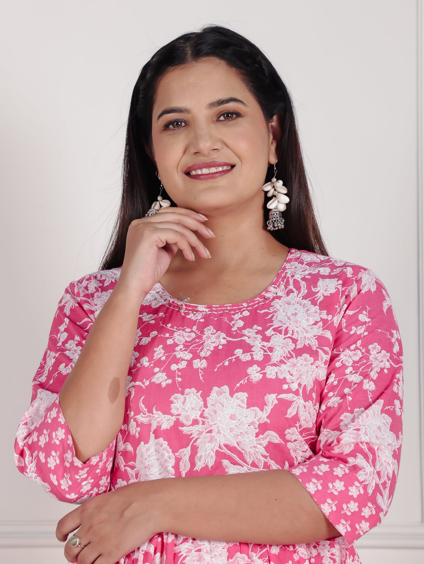 Soft Cotton Floral A-line Pink Kurta