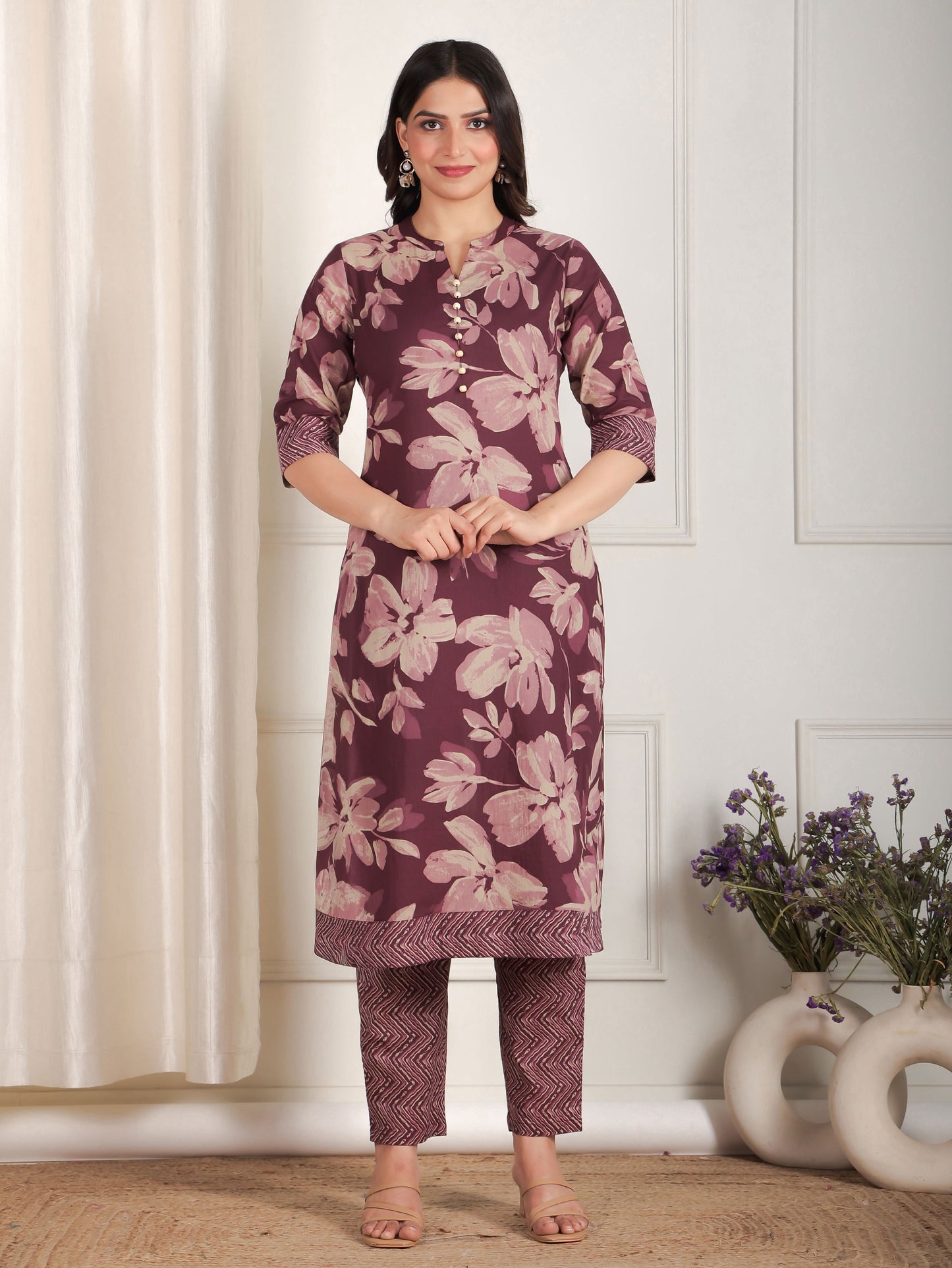 Soft Cotton Floral Straight Purple Kurta