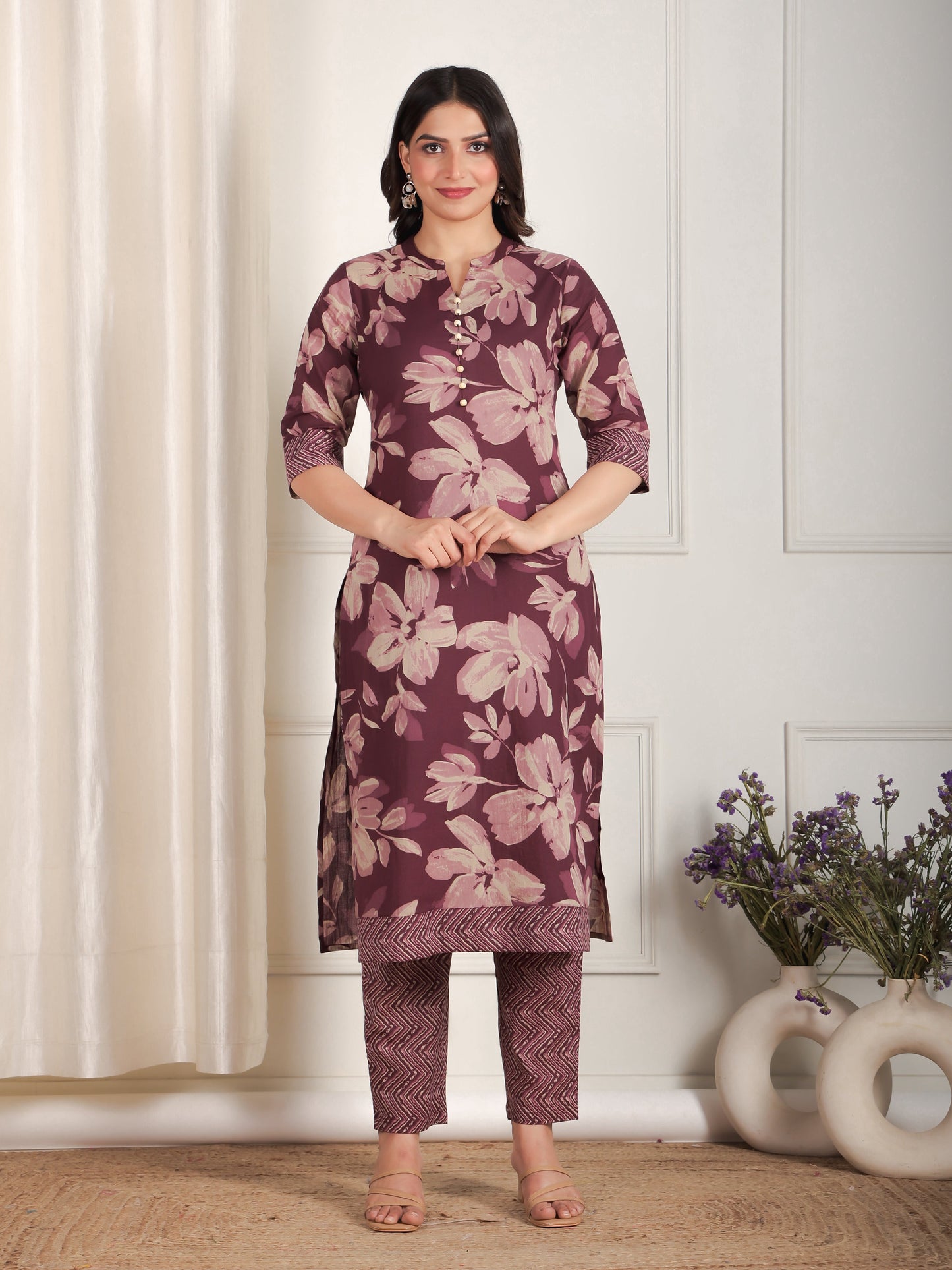 Soft Cotton Floral Straight Purple Kurta