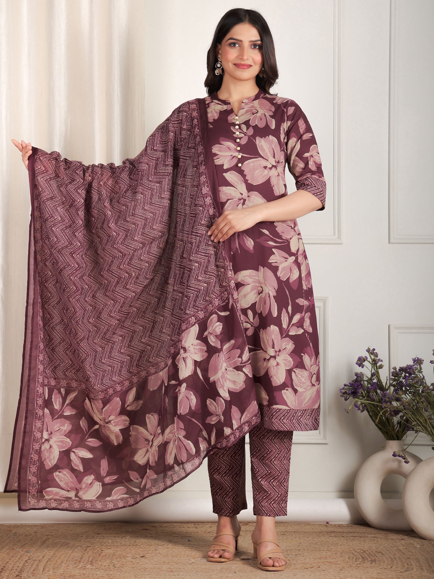 Soft Cotton Floral Straight Purple Kurta
