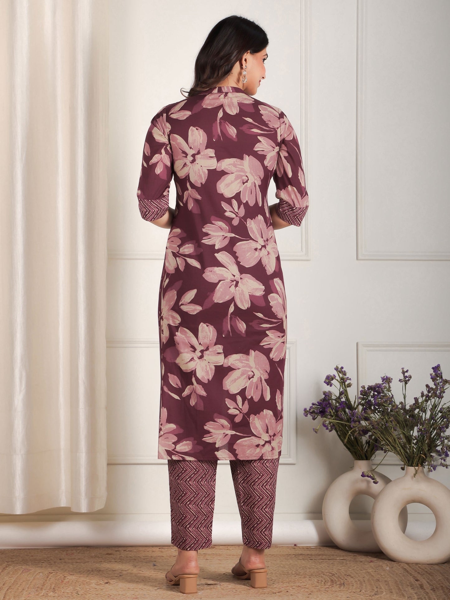 Soft Cotton Floral Straight Purple Kurta