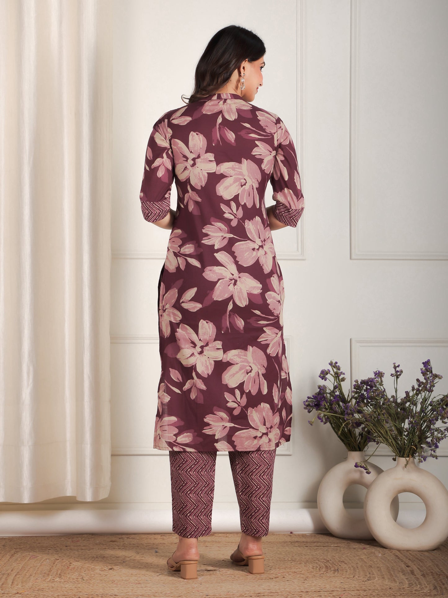 Soft Cotton Floral Straight Purple Kurta