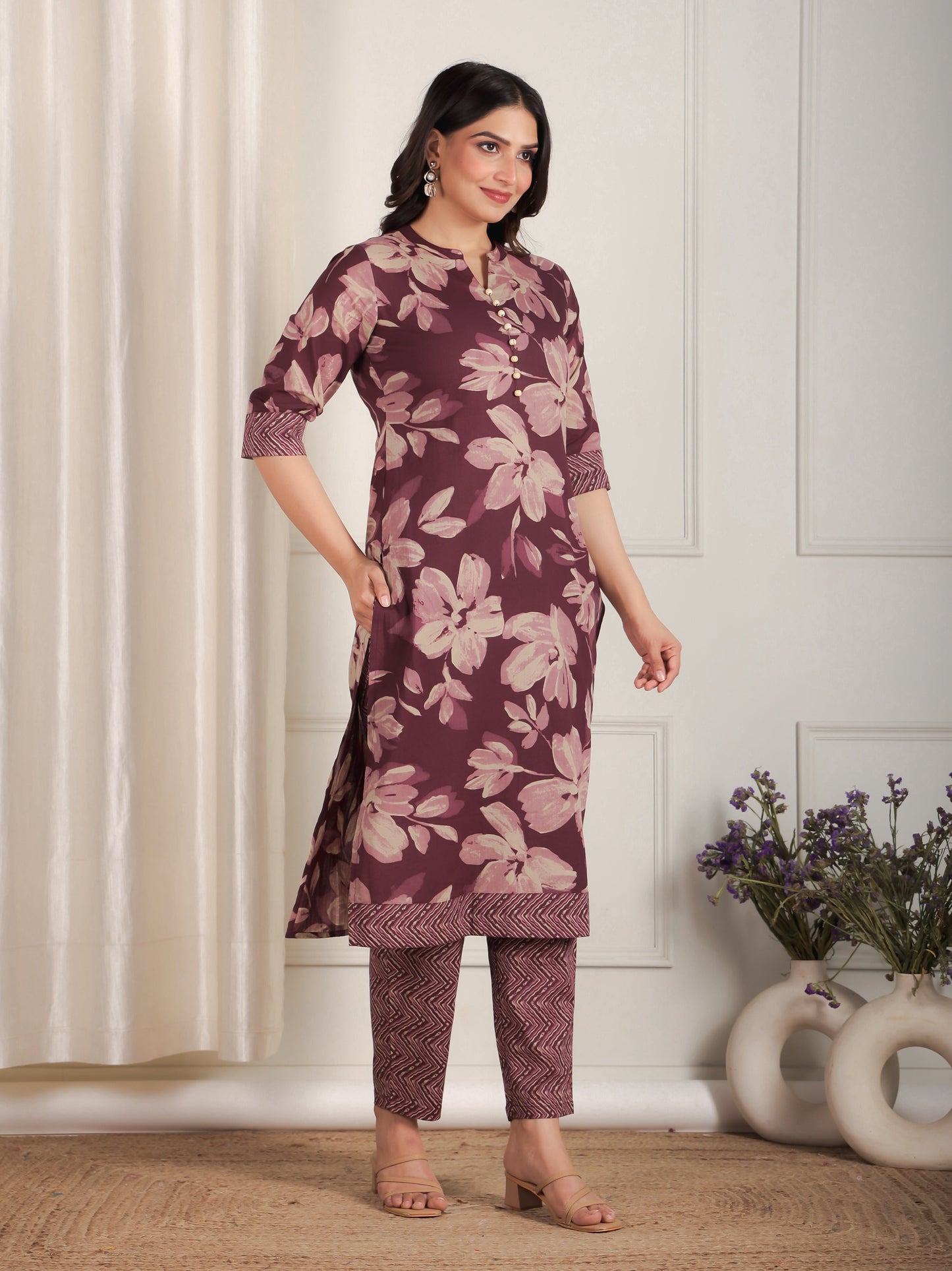 Soft Cotton Floral Straight Purple Kurta