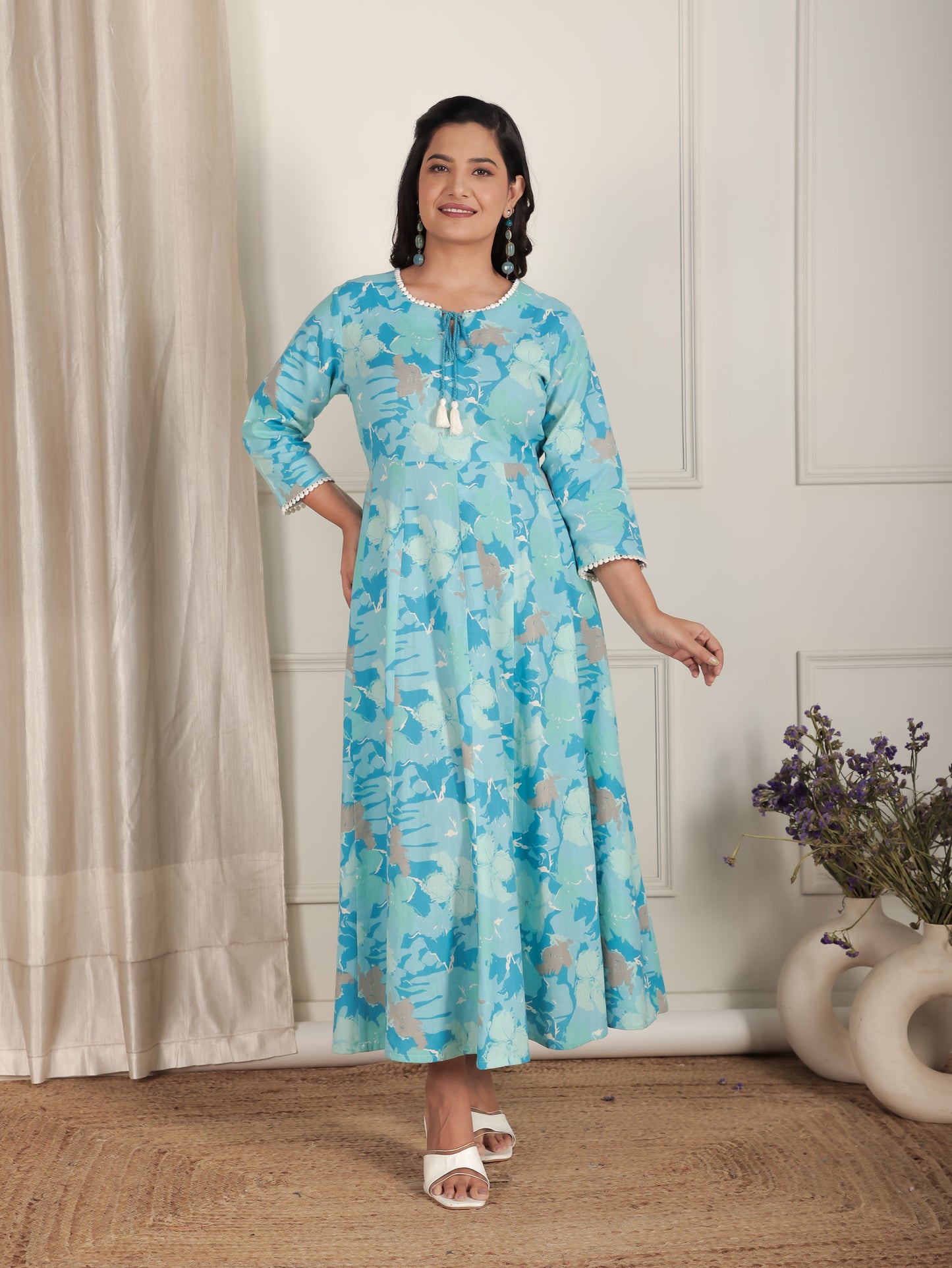Linen Cotton Floral Flared Blue Dress