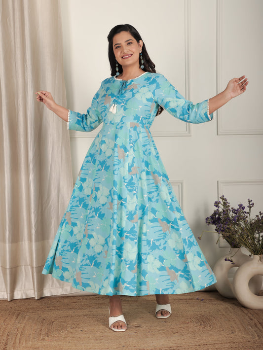 Linen Cotton Floral Flared Blue Dress