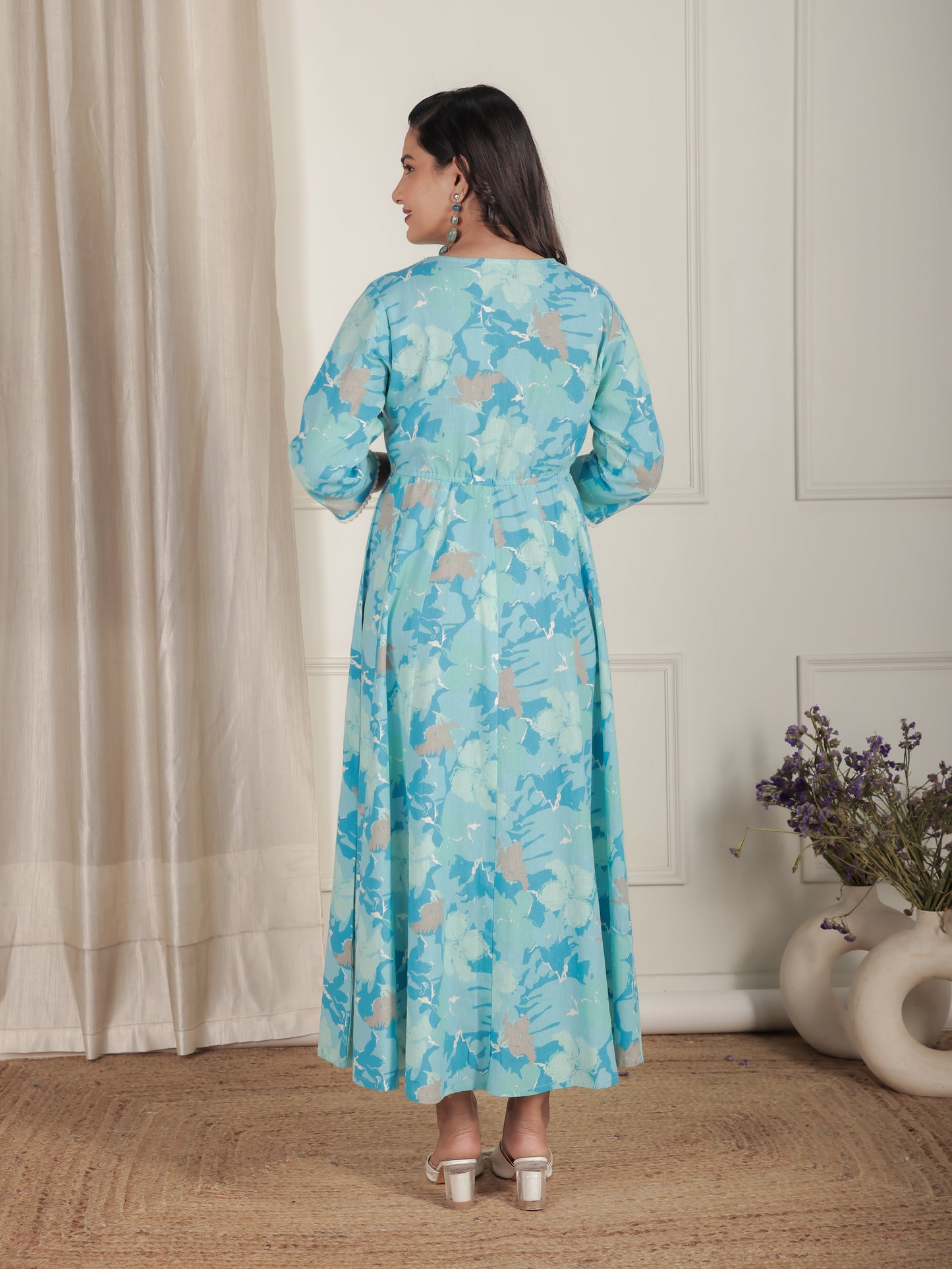 Linen Cotton Floral Flared Blue Dress