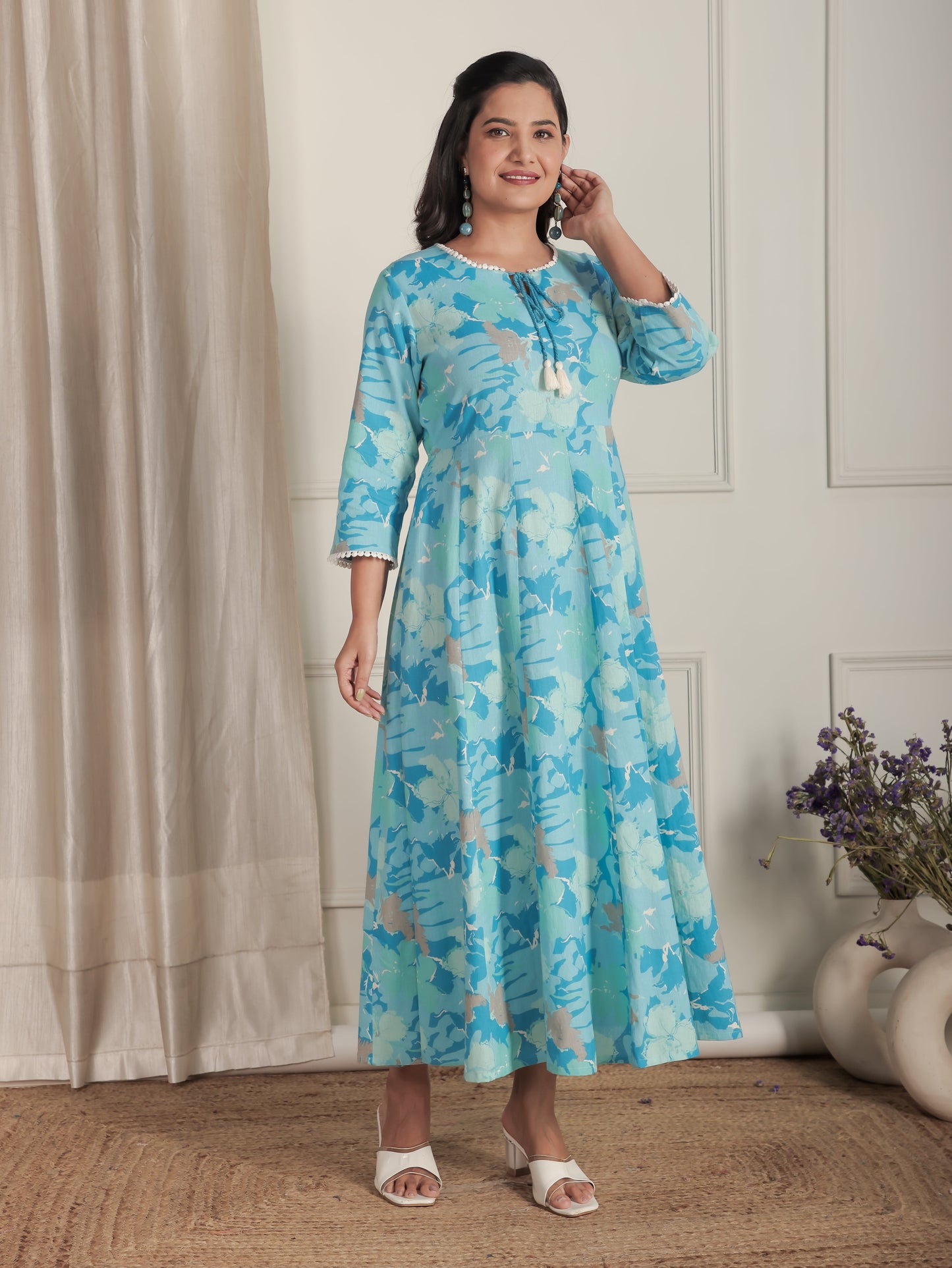 Linen Cotton Floral Flared Blue Dress