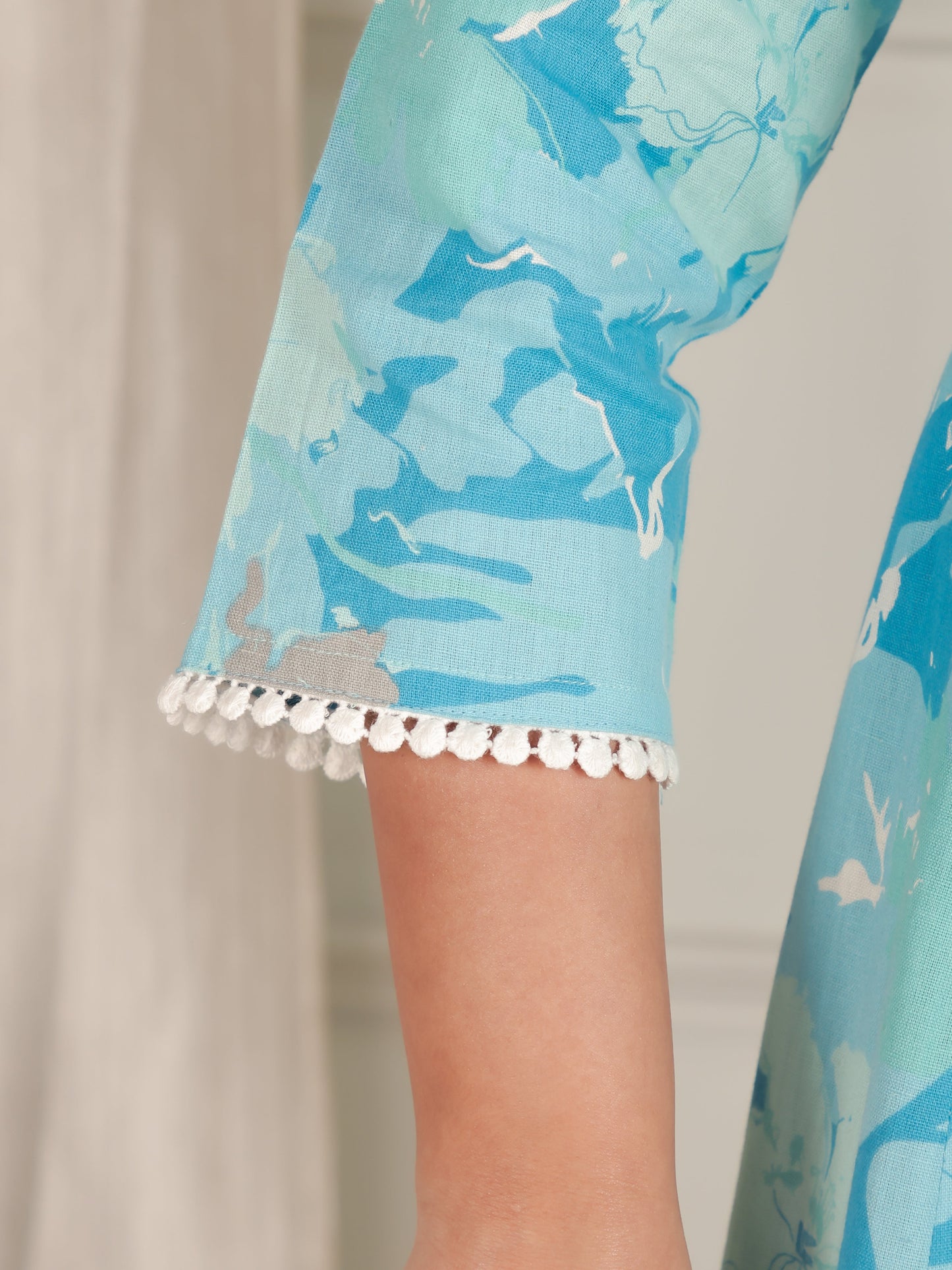 Linen Cotton Floral Flared Blue Dress