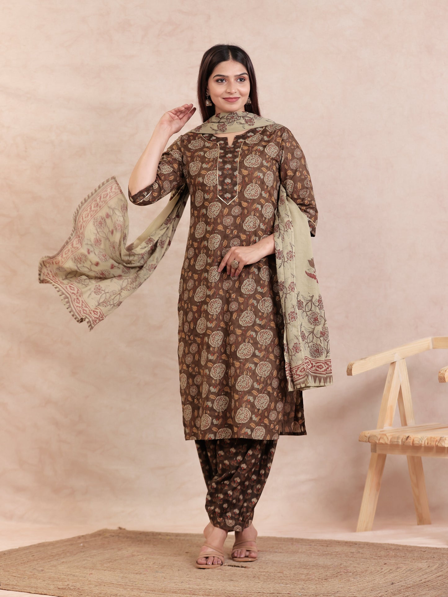 Cotton Voile Floral Beige Dupatta