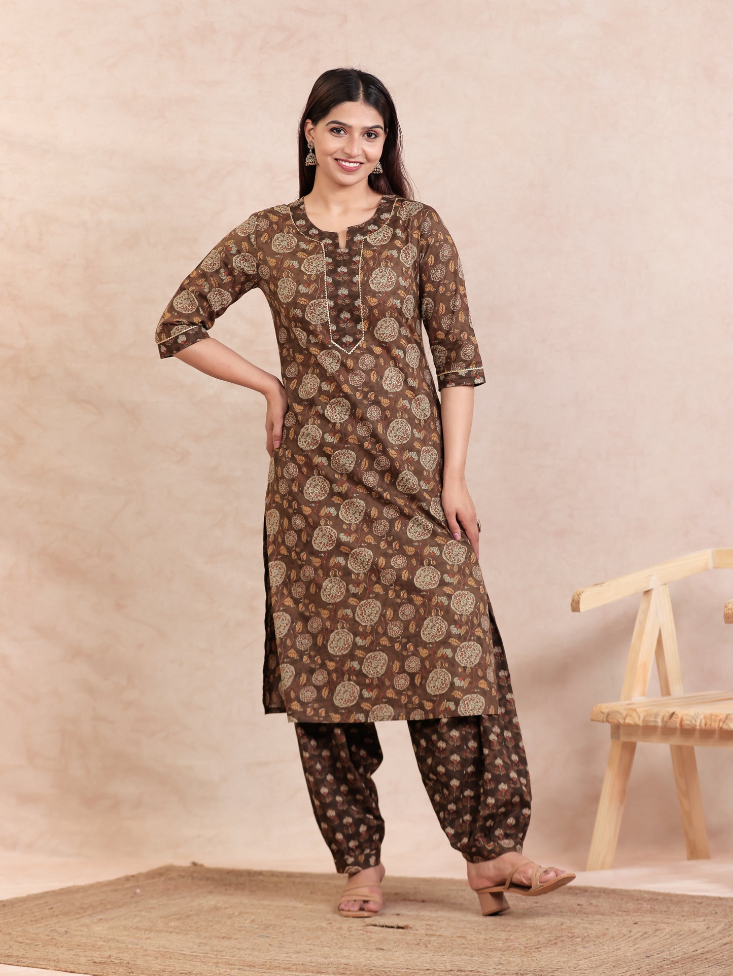 Soft Cotton Floral Straight Brown Kurta