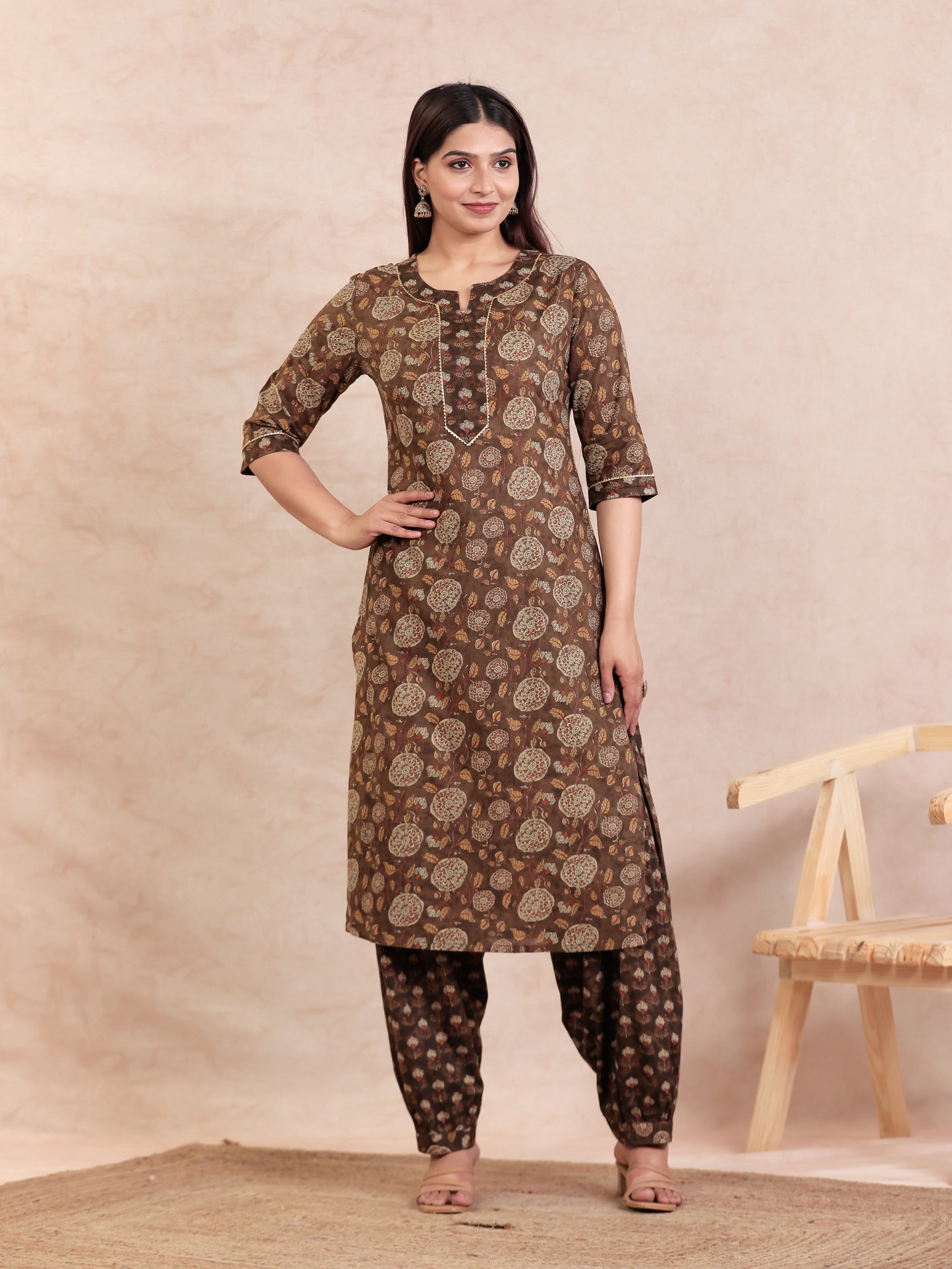 Soft Cotton Floral Straight Brown Kurta