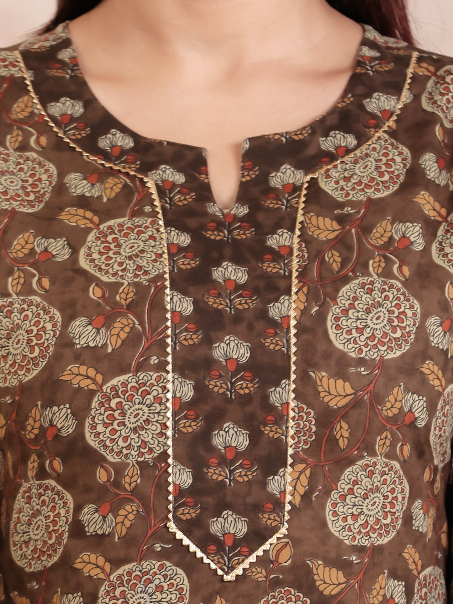 Soft Cotton Floral Straight Brown Kurta