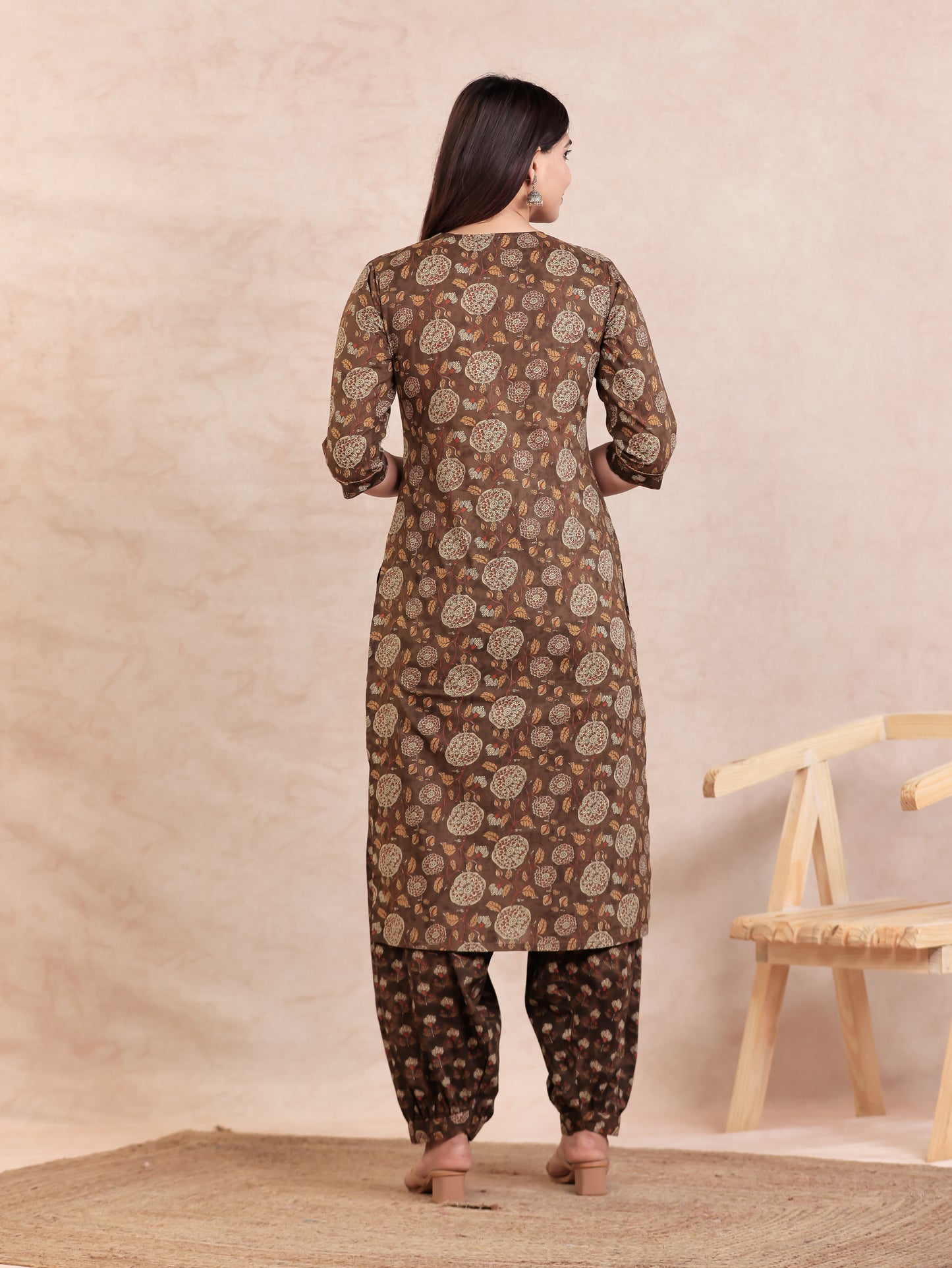 Soft Cotton Floral Straight Brown Kurta