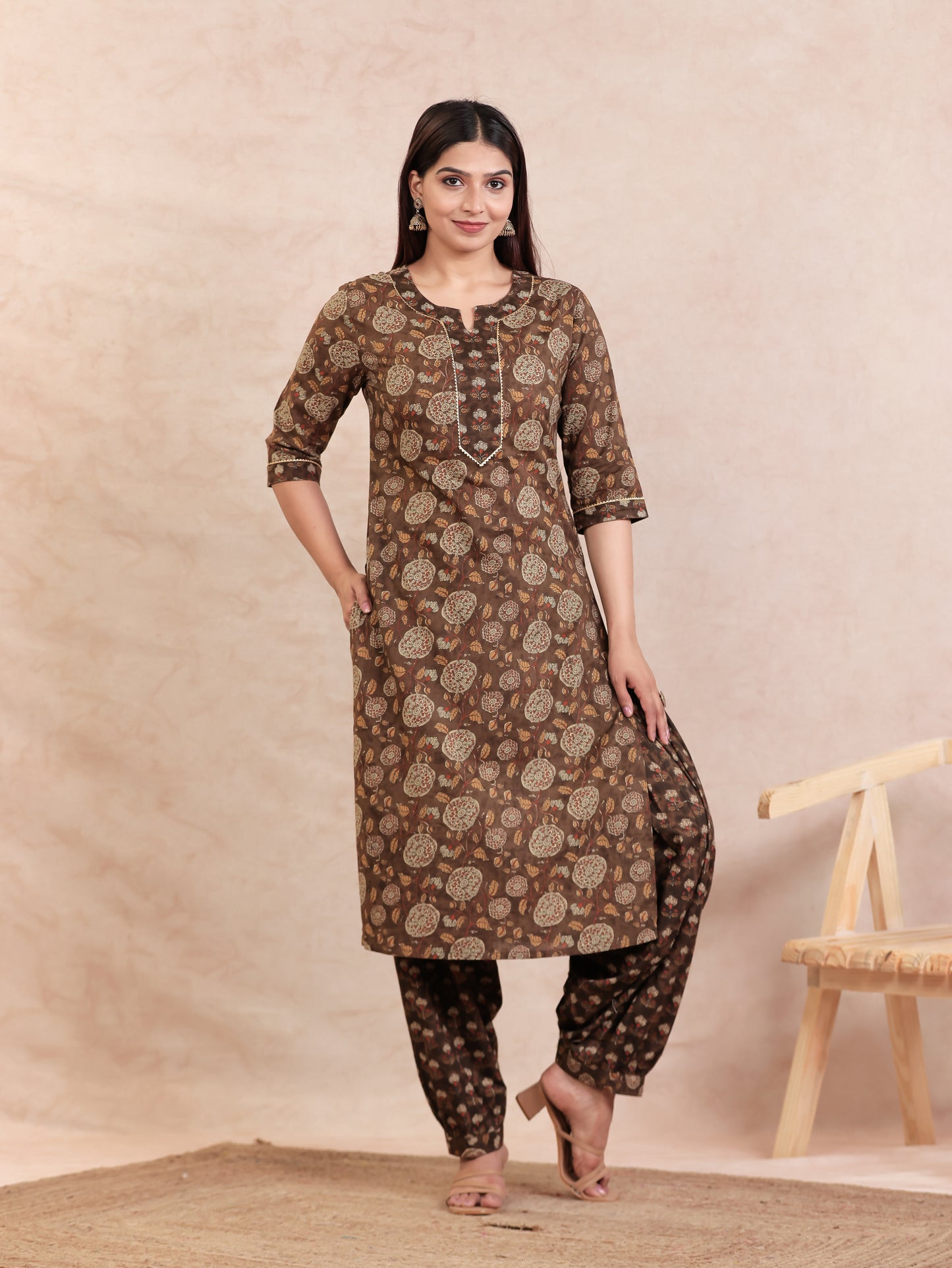 Soft Cotton Floral Straight Brown Kurta