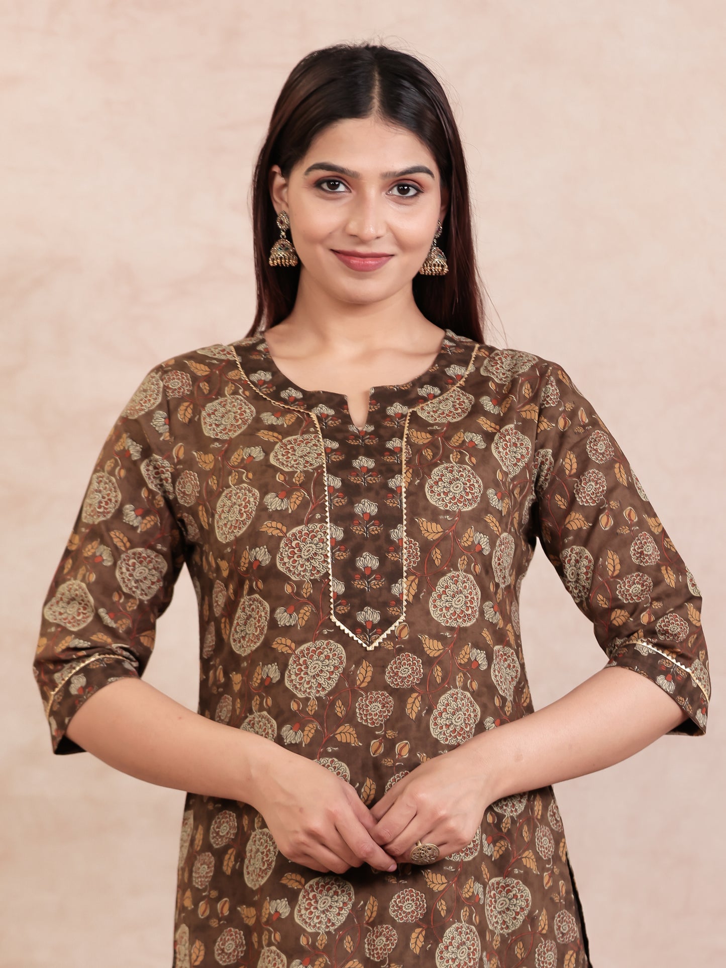 Soft Cotton Floral Straight Brown Kurta