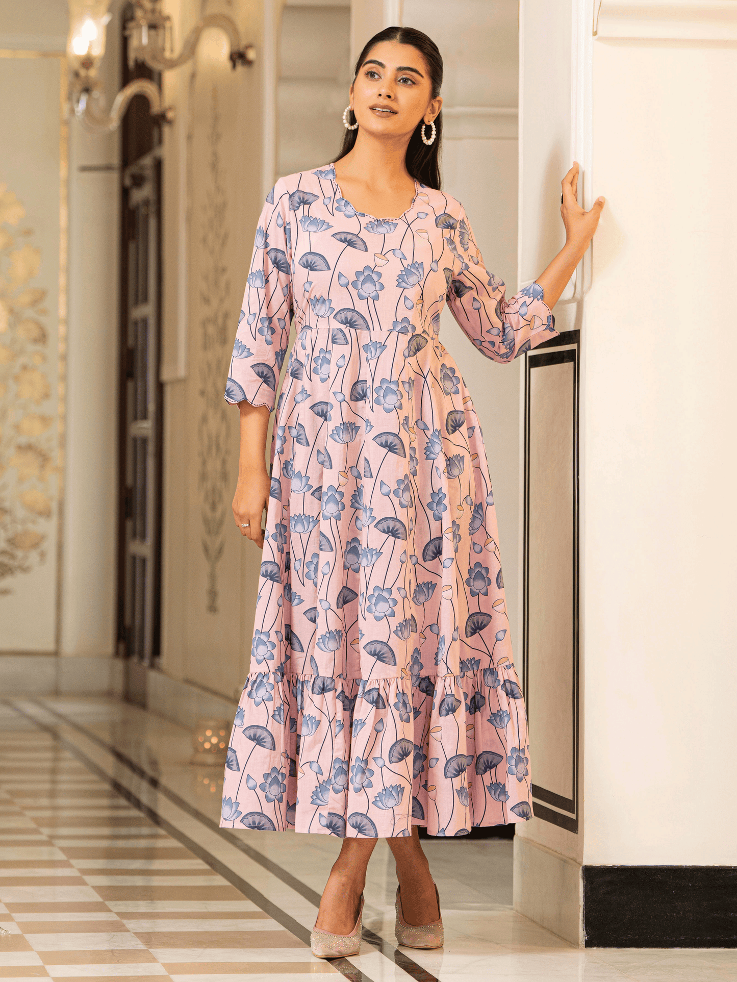 Soft Cotton Floral Anarkali Pink Dress