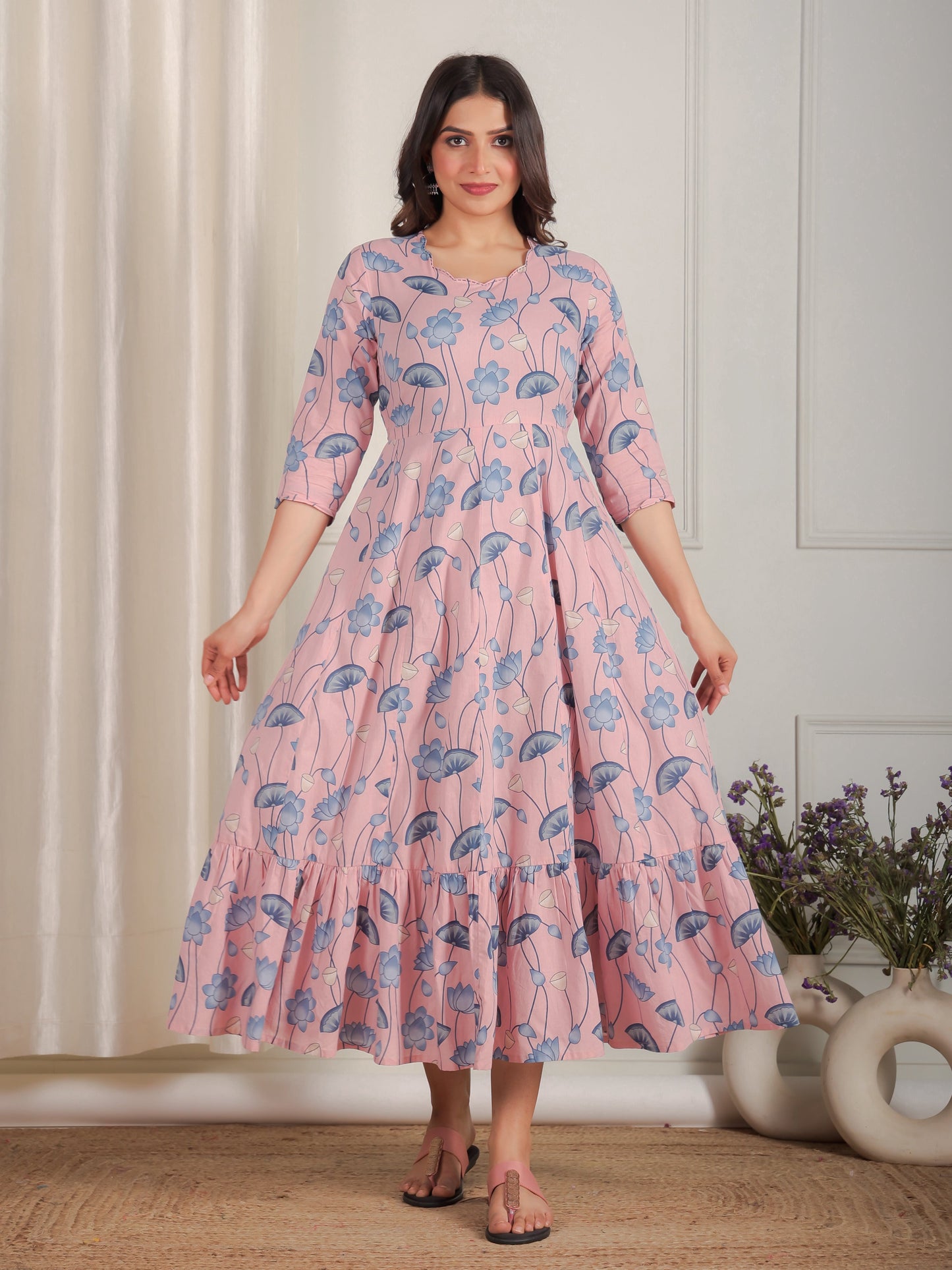Embroidered Soft Cotton Floral Anarkali Pink Dress