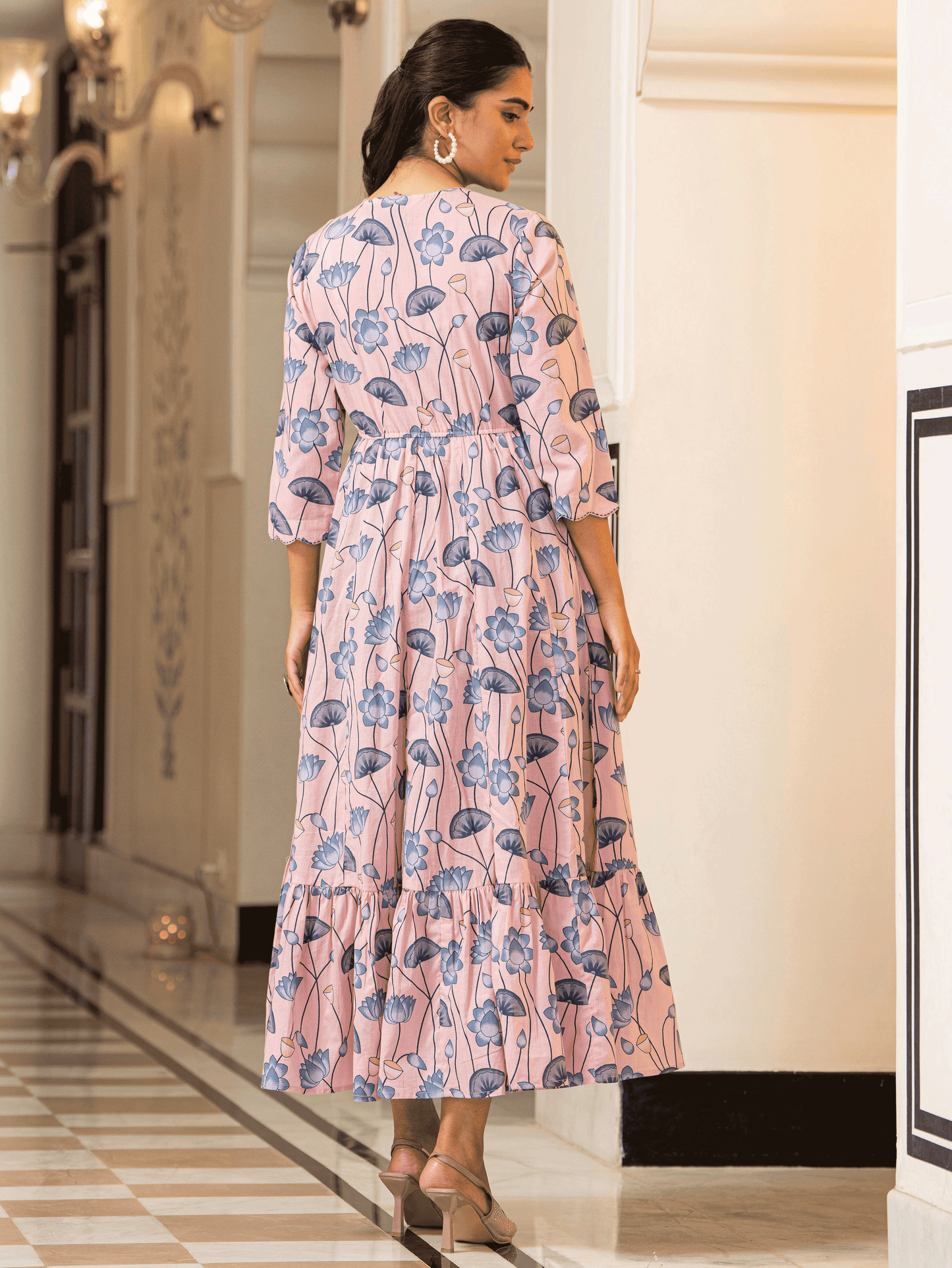 Soft Cotton Floral Anarkali Pink Dress