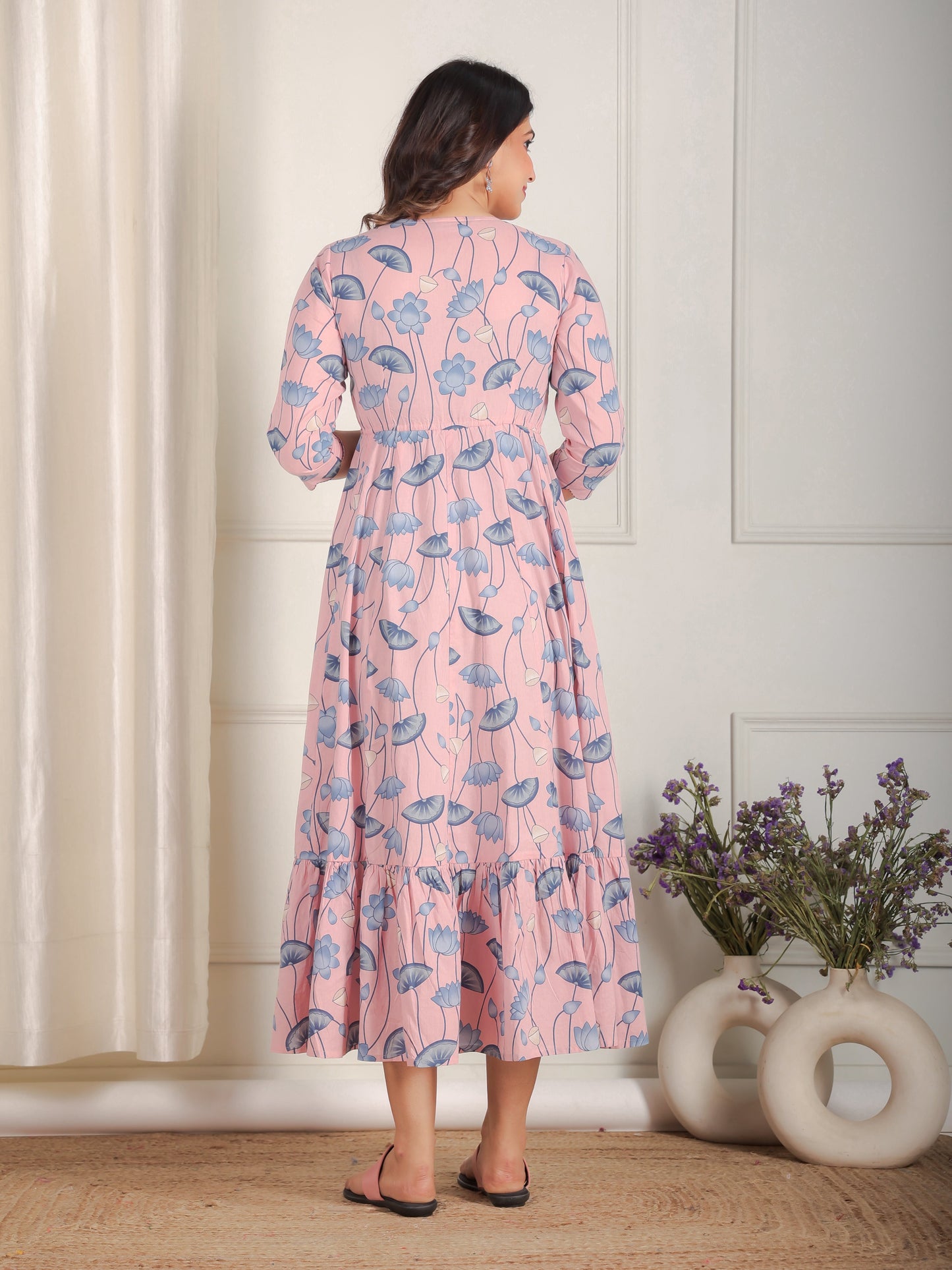 Embroidered Soft Cotton Floral Anarkali Pink Dress