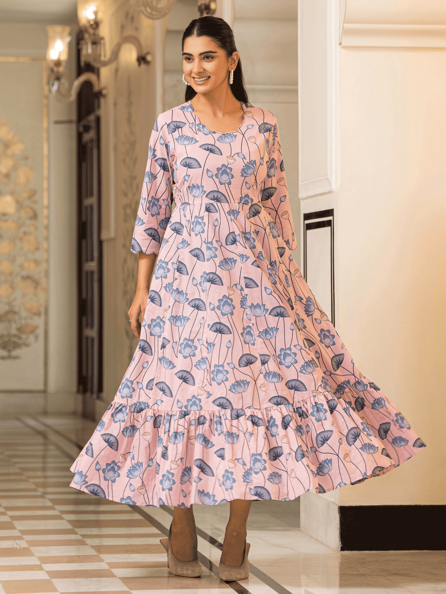 Soft Cotton Floral Anarkali Pink Dress