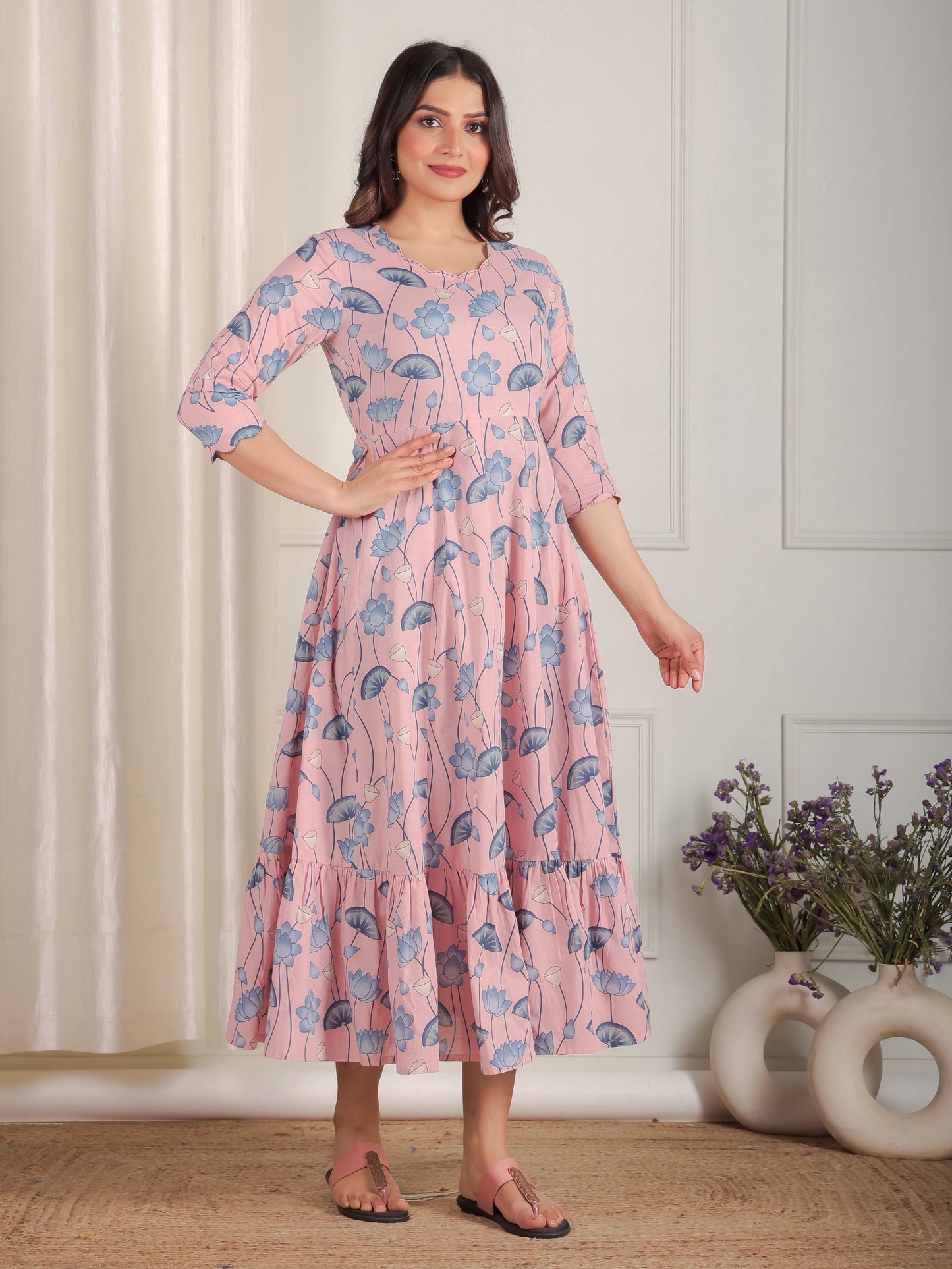 Embroidered Soft Cotton Floral Anarkali Pink Dress