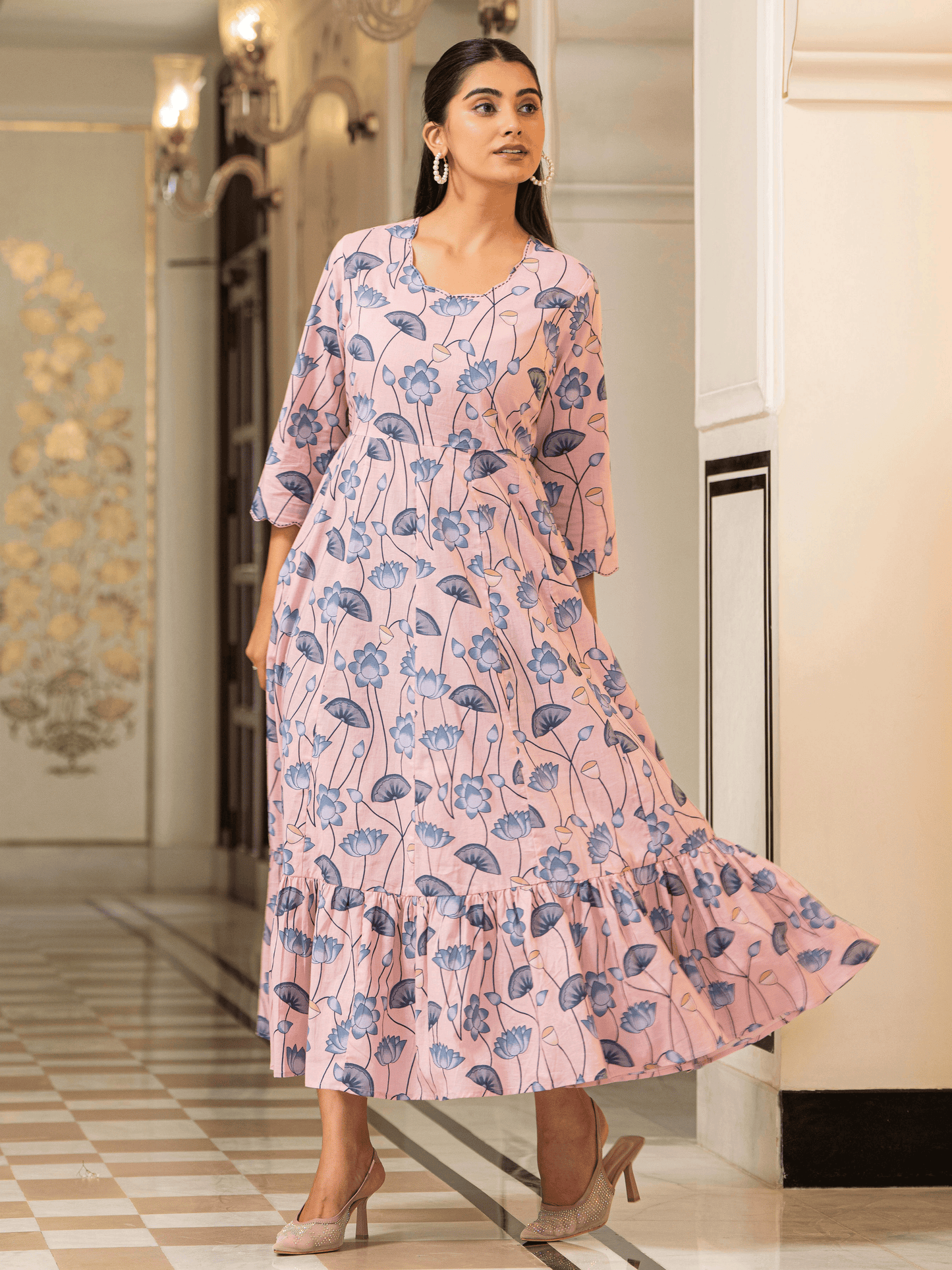 Soft Cotton Floral Anarkali Pink Dress