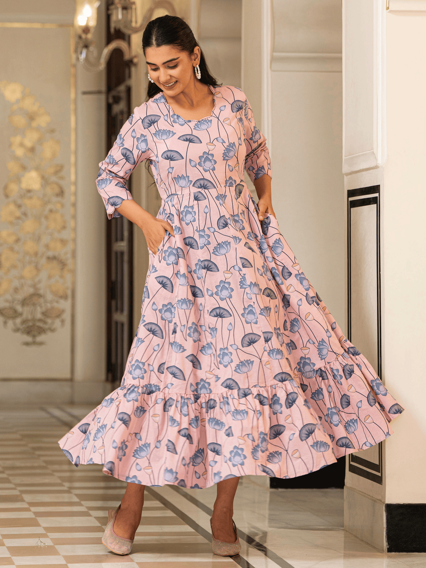 Soft Cotton Floral Anarkali Pink Dress